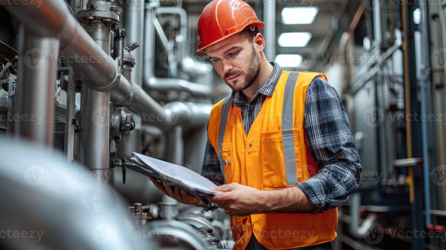 A man in an orange safety vest and hard hat, standing in a industrial setting with metal pipes and machinery, holding a clipboard and looking at it. photo
