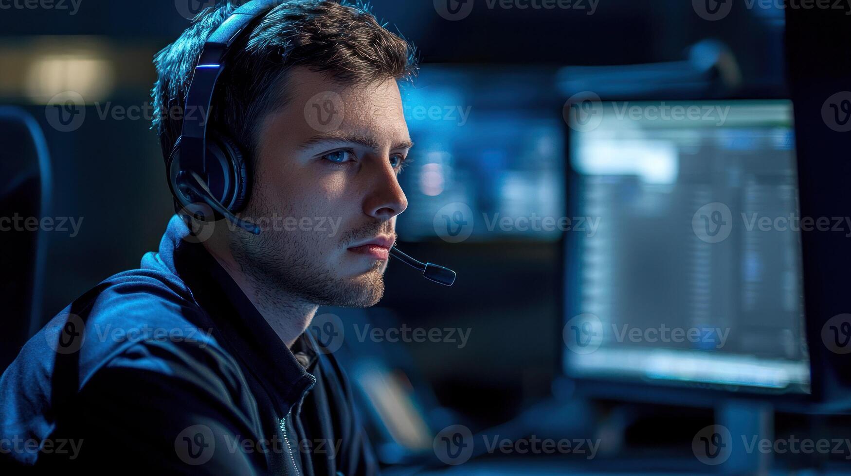 A young man wearing headphones and a headset, sitting in a dark room with multiple computer monitors in the background. photo