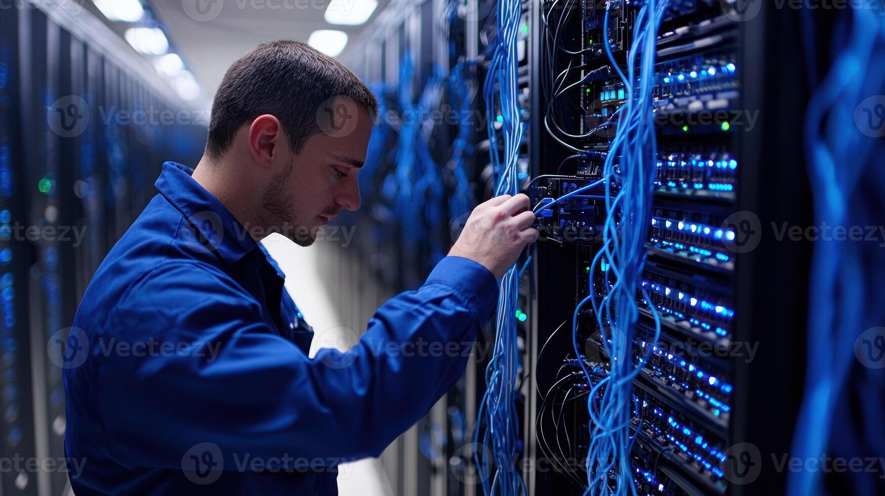A young man in a blue jacket is working on a server in a data center with multiple servers and cables in the background. photo