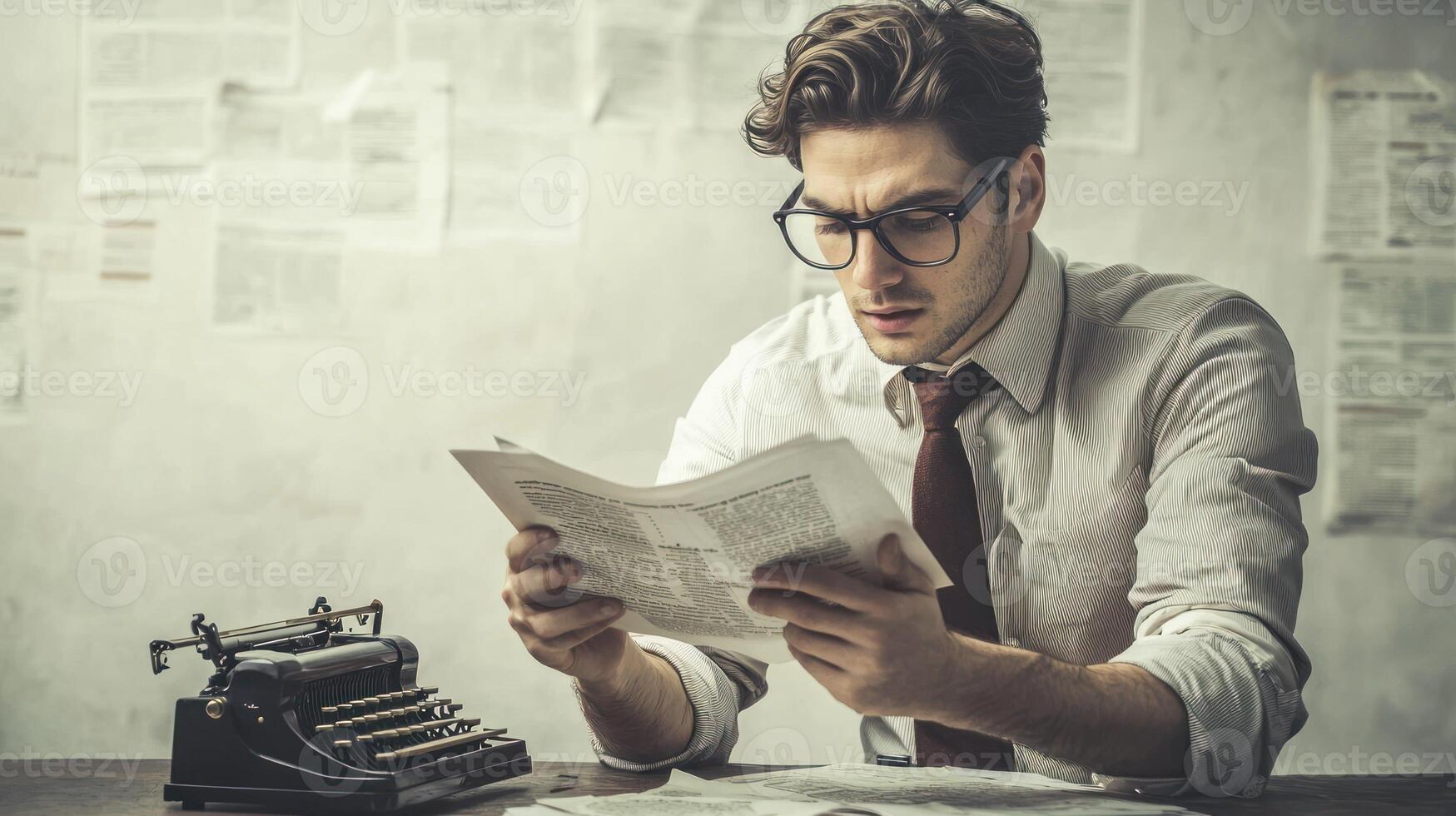 A man in a white shirt and tie, reading a newspaper at a desk with a typewriter in front of him. photo