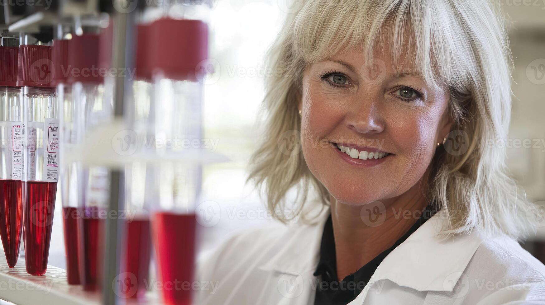 A woman in a lab coat, smiling, with test tubes in the background. photo