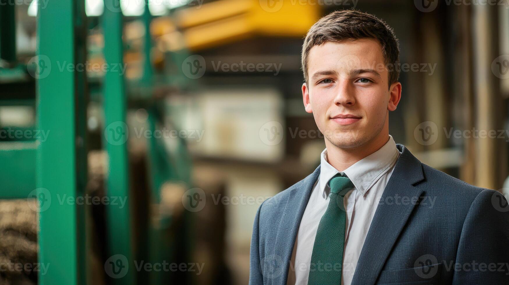 A young man in a suit standing in a warehouse with a forklift in the background. photo