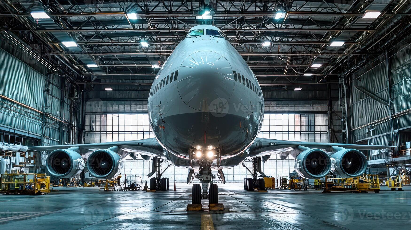A large, white, jetliner with a green and blue logo on the front, parked in a large, open hangar with large windows and a metal ceiling, with a person standing on the ground in front of the plane. photo