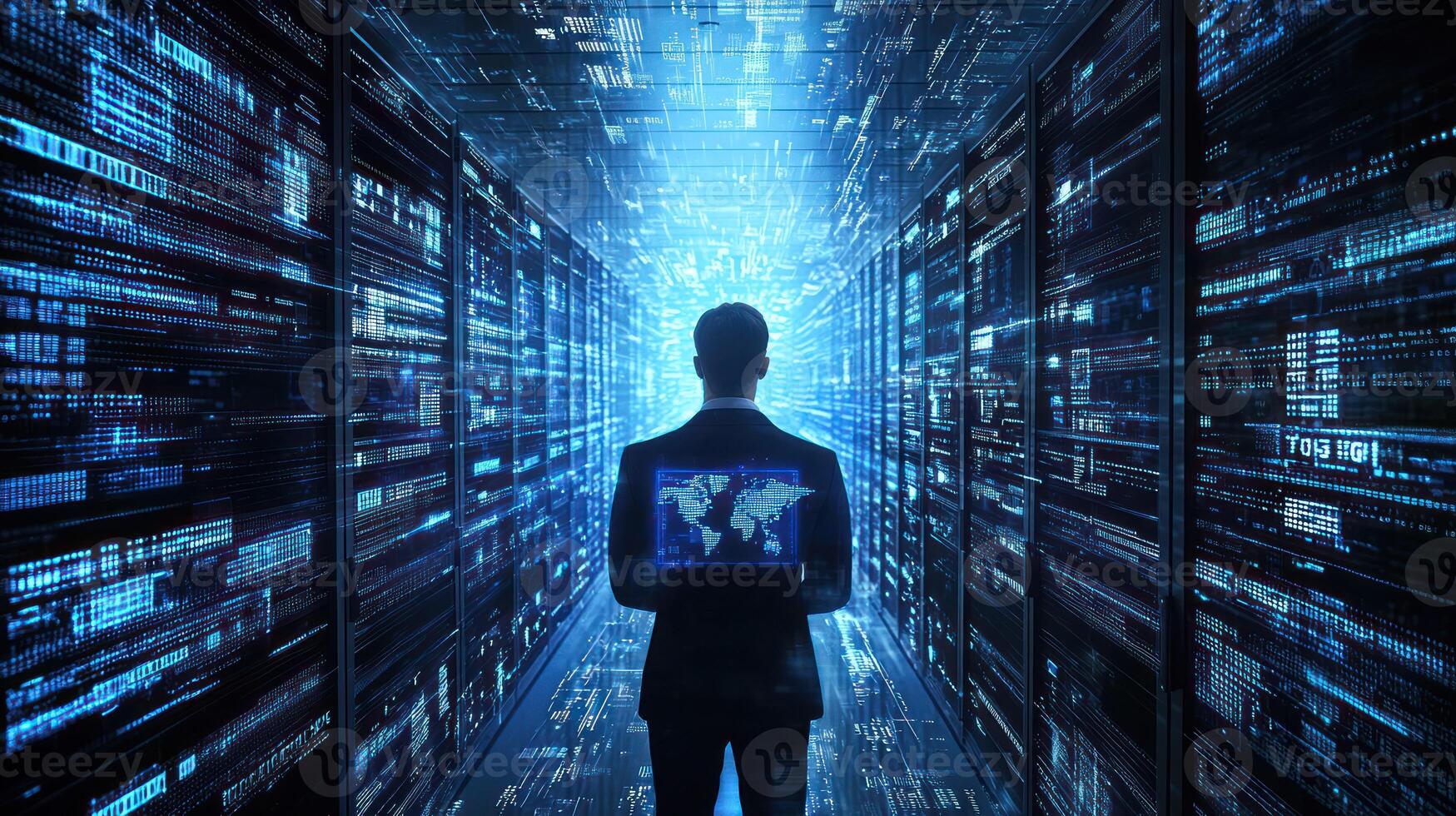 A man standing in a data center with a glowing blue screen in front of him, surrounded by rows of servers and computer monitors. photo