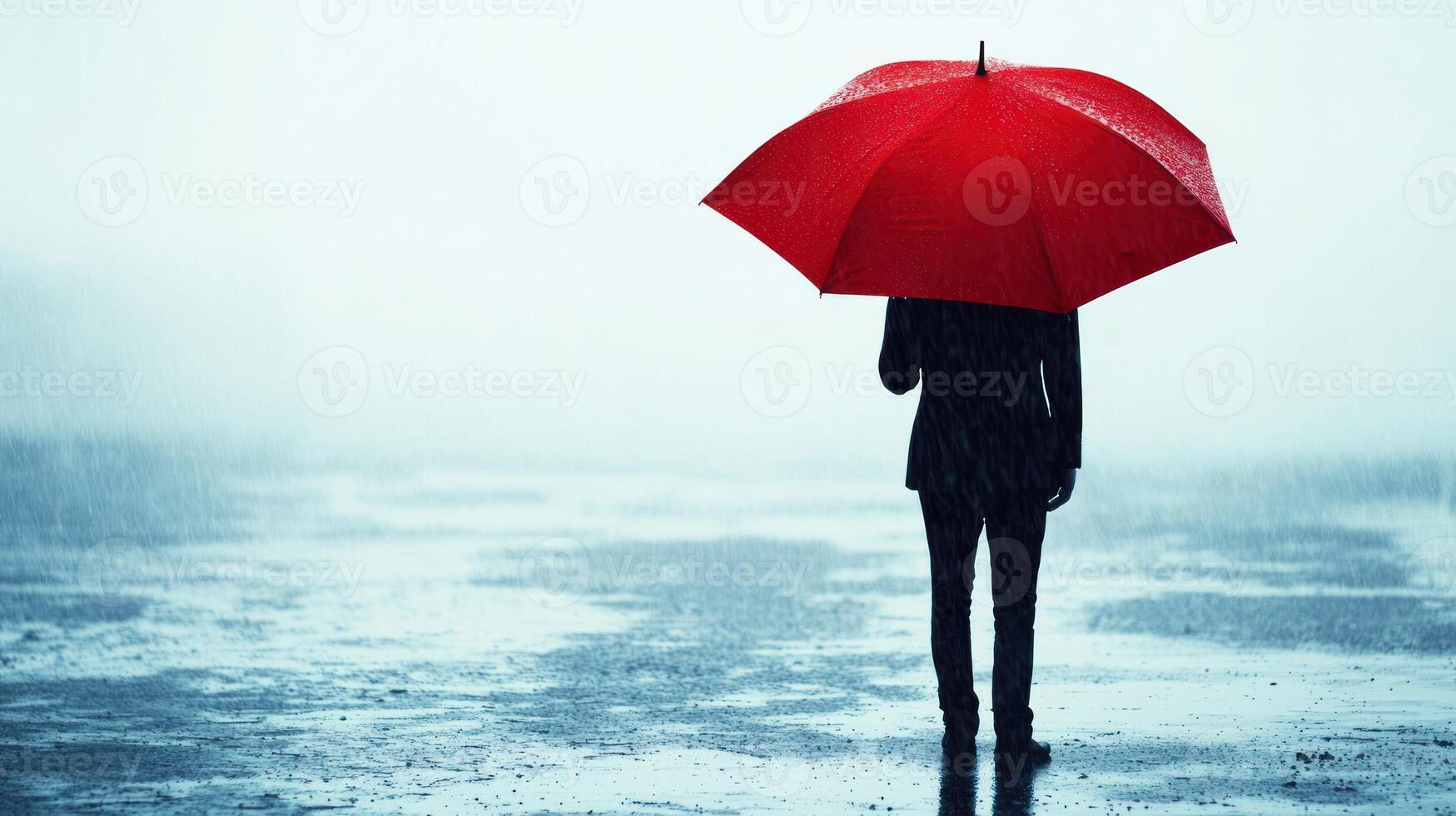 A person standing in the rain with a red umbrella, holding a red umbrella, wearing a black coat, and walking on a wet, rainy road. photo