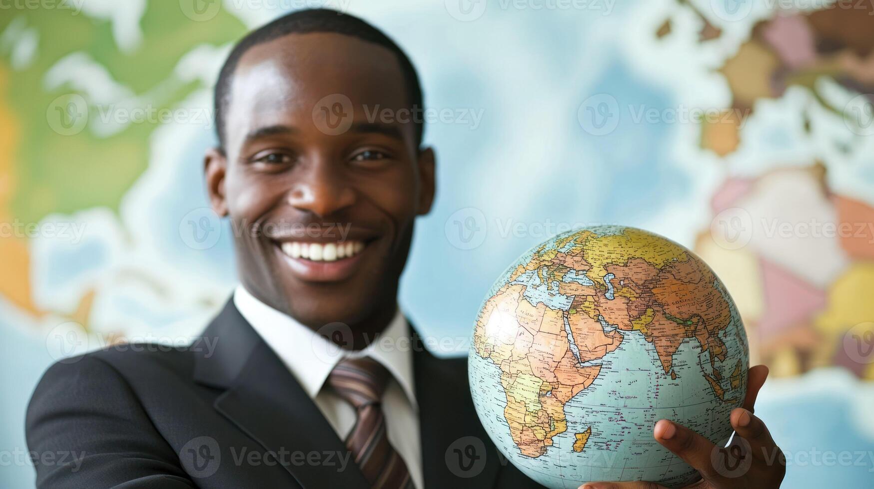A smiling man in a suit holding a small globe in front of a world map. photo