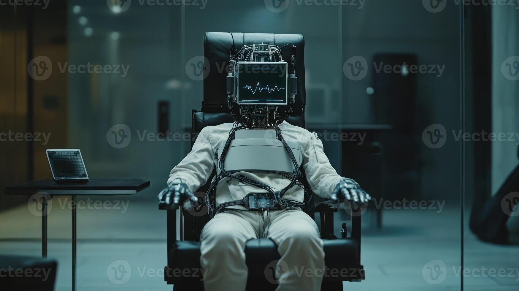 A man in a white suit is seated in a chair with a computer monitor on his head, surrounded by a dark, glass-walled room with a laptop on a table in the foreground. photo