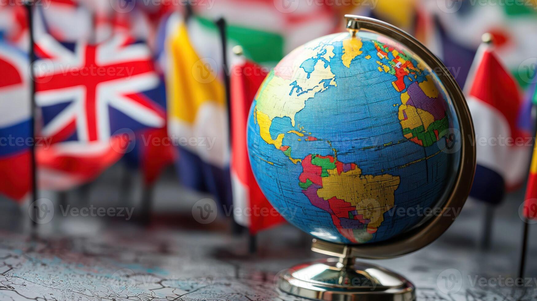 A globe with flags of various countries in the background. photo