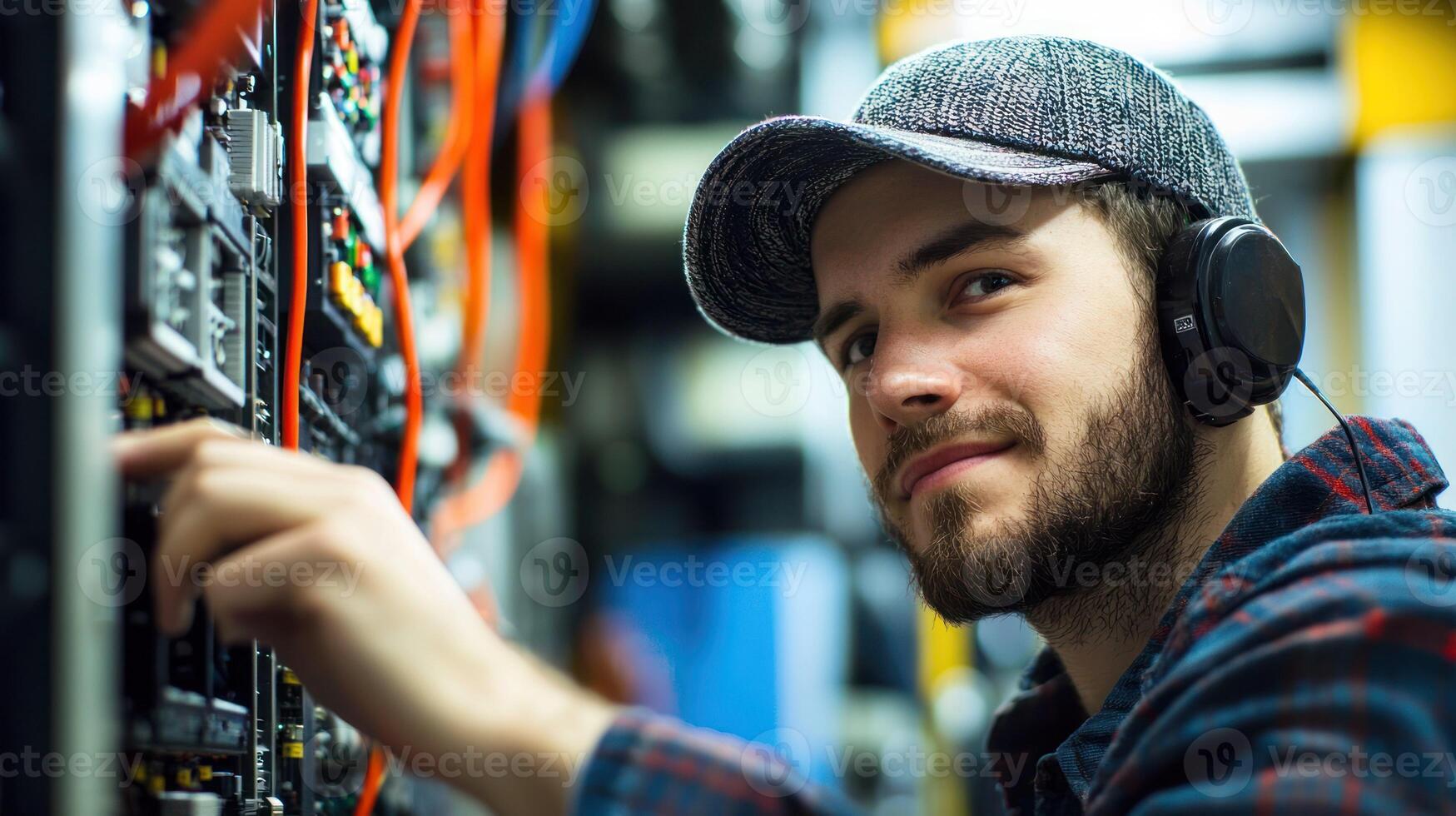 A young man wearing a hat and headphones, working on a server in a data center. photo