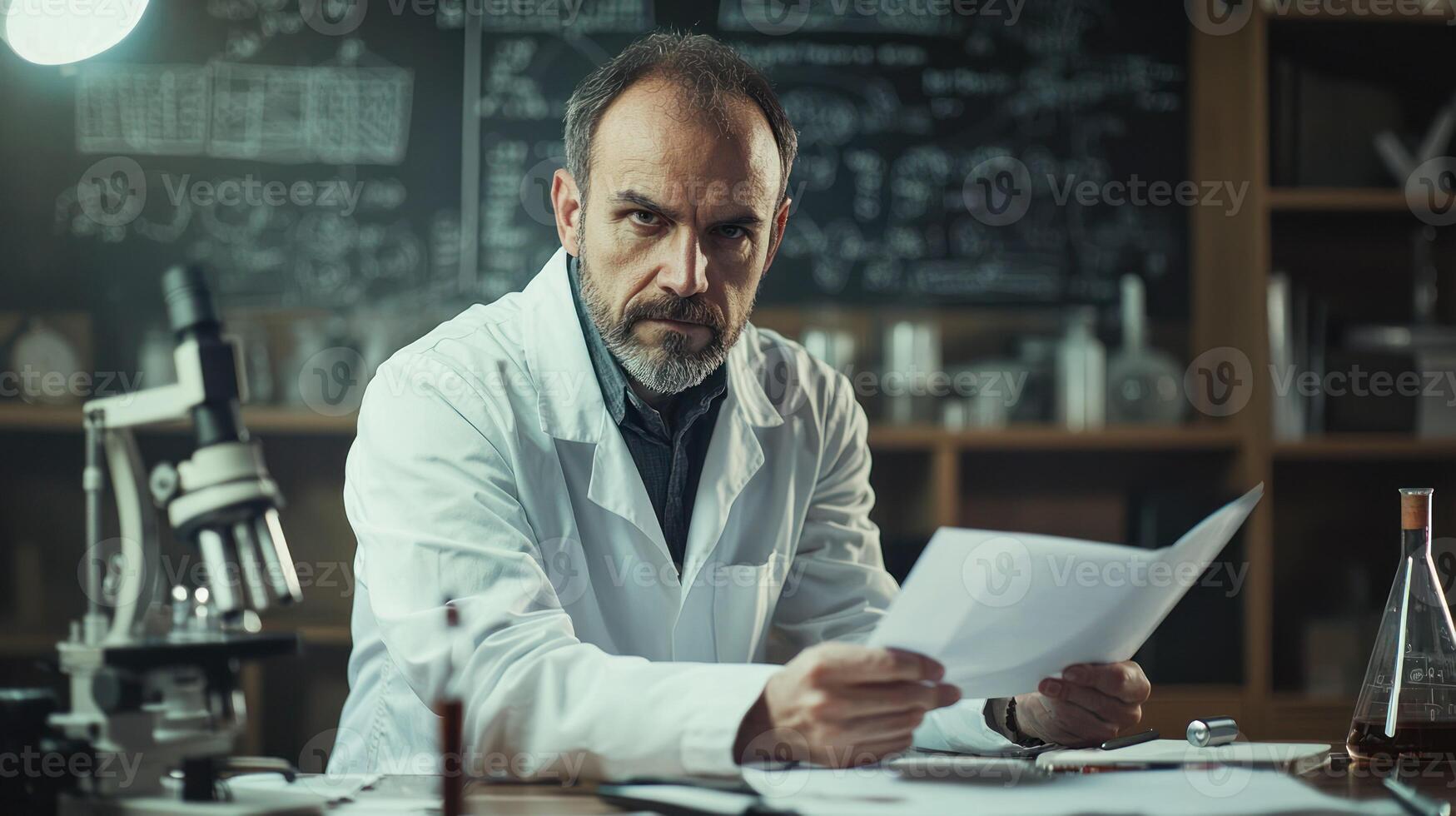 A man in a lab coat, holding a piece of paper in a laboratory setting. photo