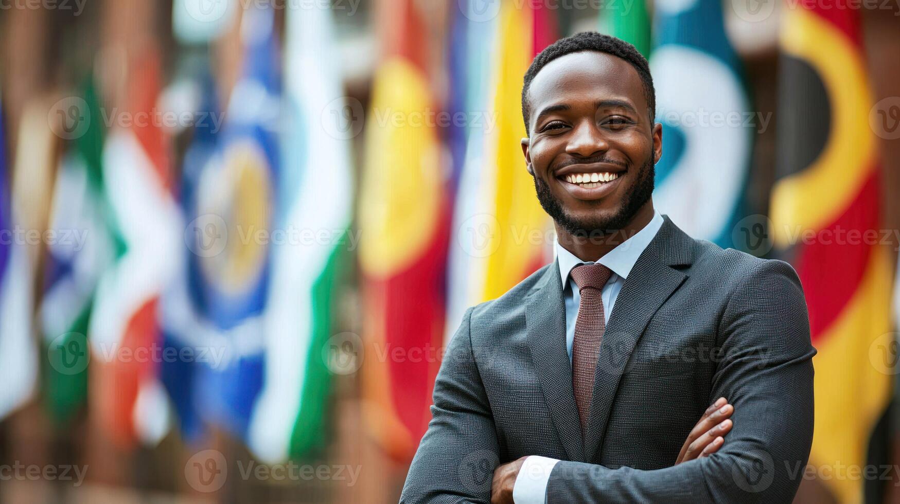 A smiling African American man in a suit standing in front of a row of flags. photo