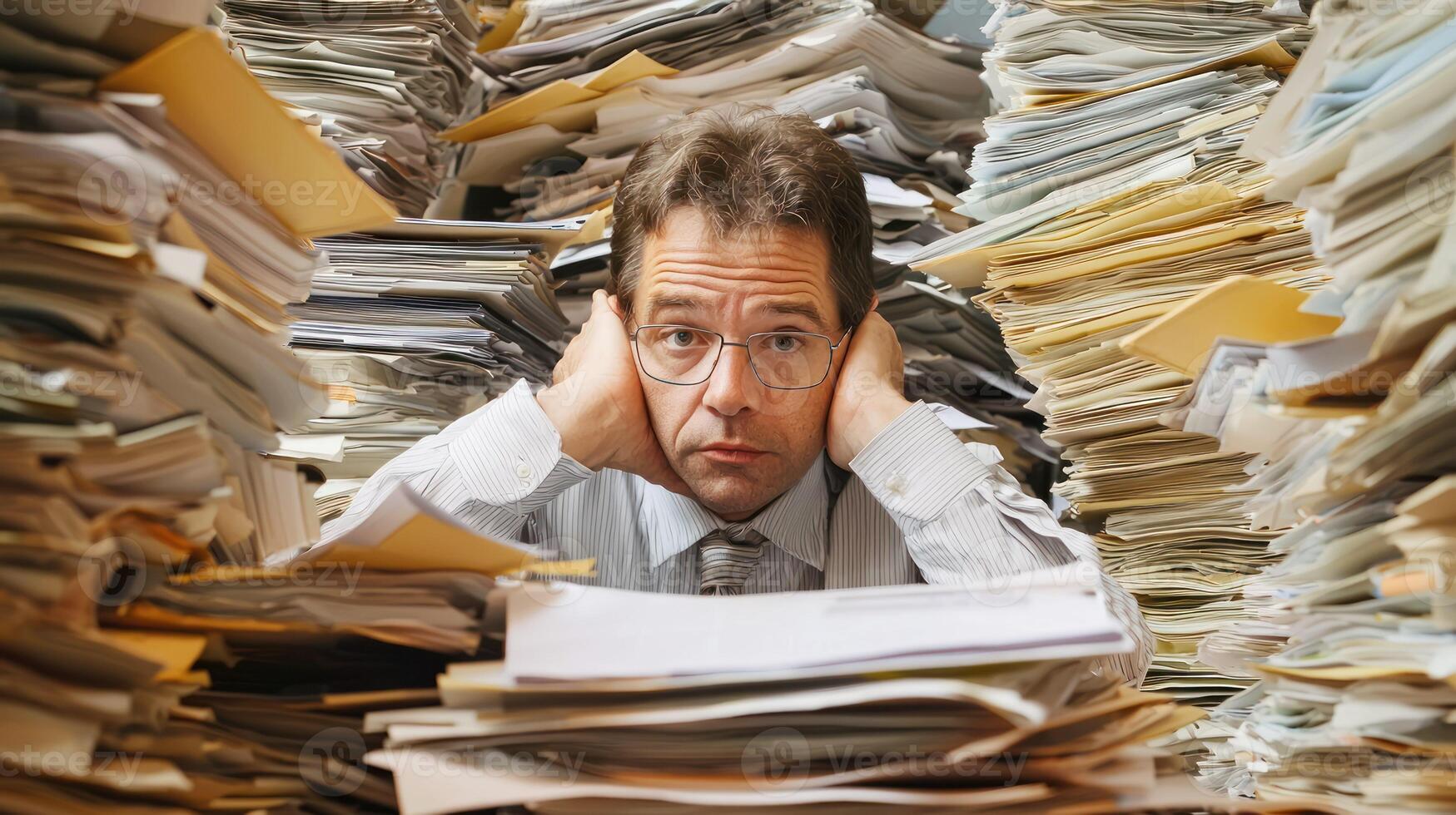 A man sitting in a chair surrounded by a sea of paperwork, looking stressed and overwhelmed. photo