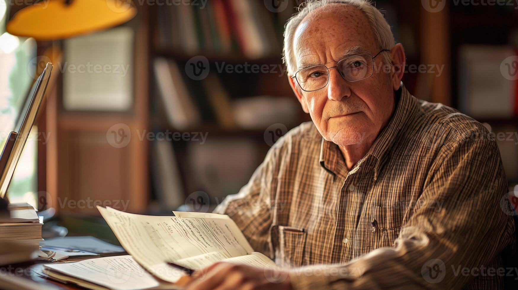 An elderly man wearing glasses sits at a desk in a cozy, well-lit room, surrounded by books and a lamp, with a cup of coffee on the desk. photo