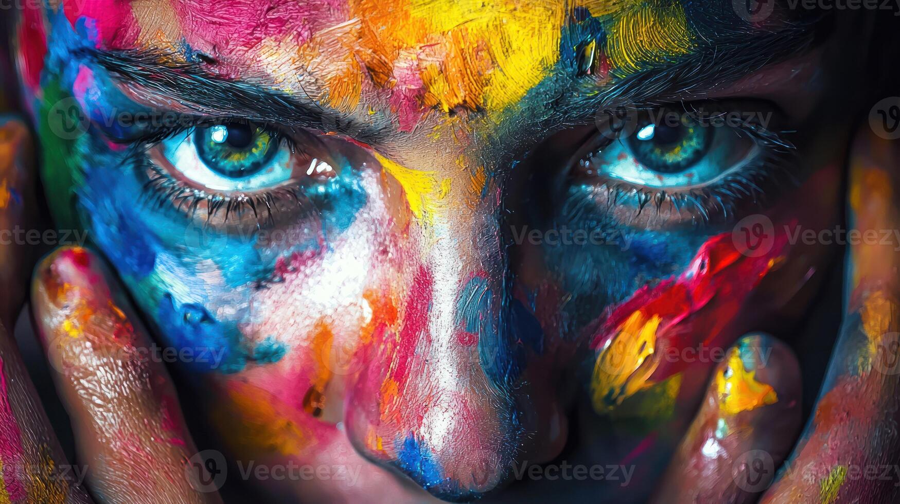 A person with colorful paint on their face, eyes, and hands, with a blurred background. photo