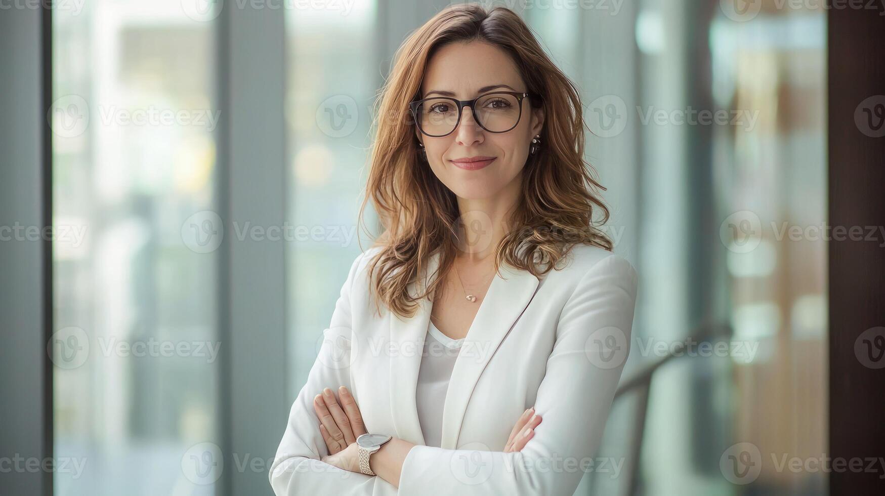 A confident businesswoman in a white blazer standing in an office with her arms crossed, wearing glasses and a watch, with a blurred background of windows and a modern office setting. photo
