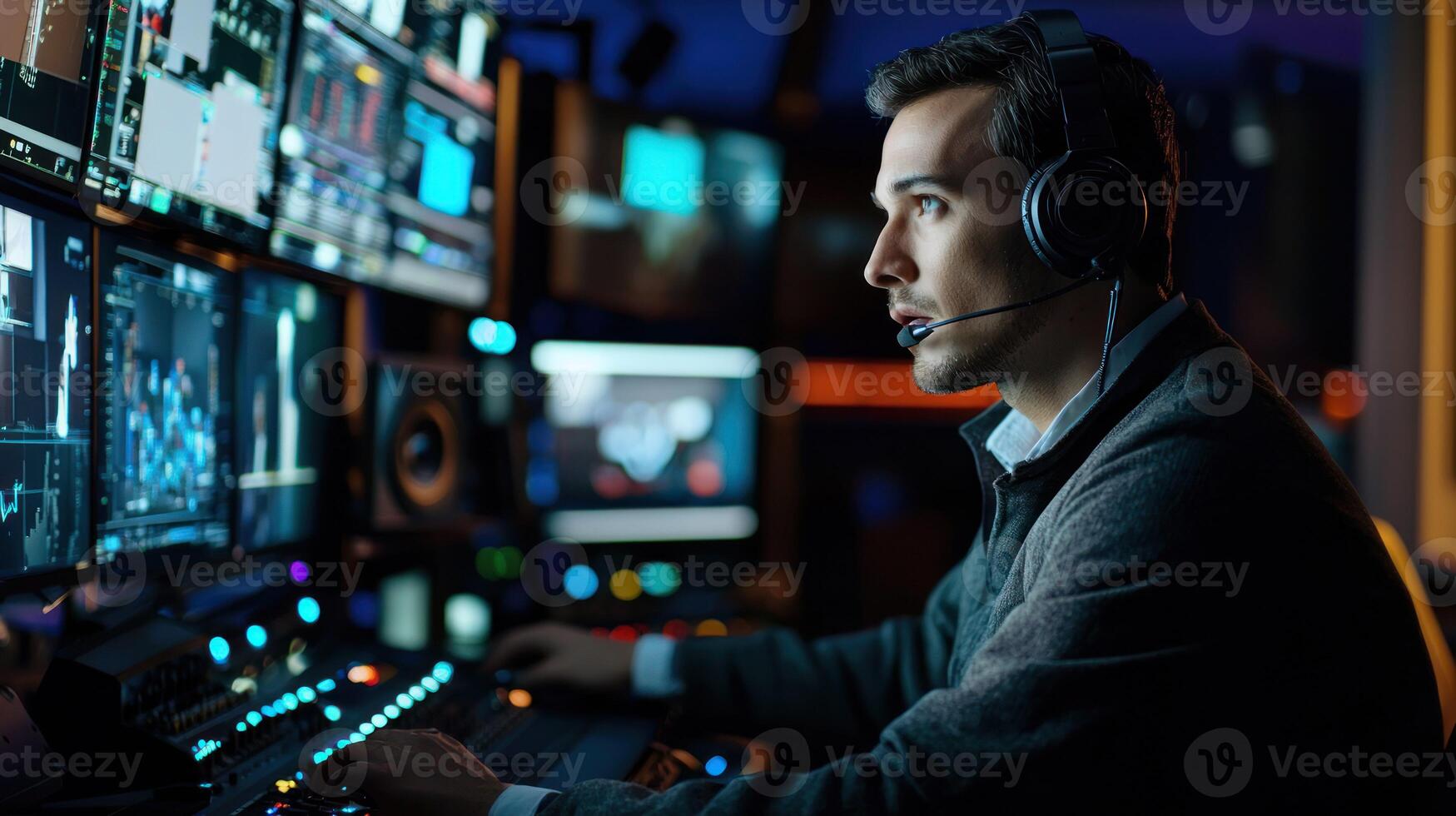 A man wearing headphones and a suit, seated at a control desk in a dark, dimly lit room with multiple screens and monitors, possibly in a control room or a technical control room. photo