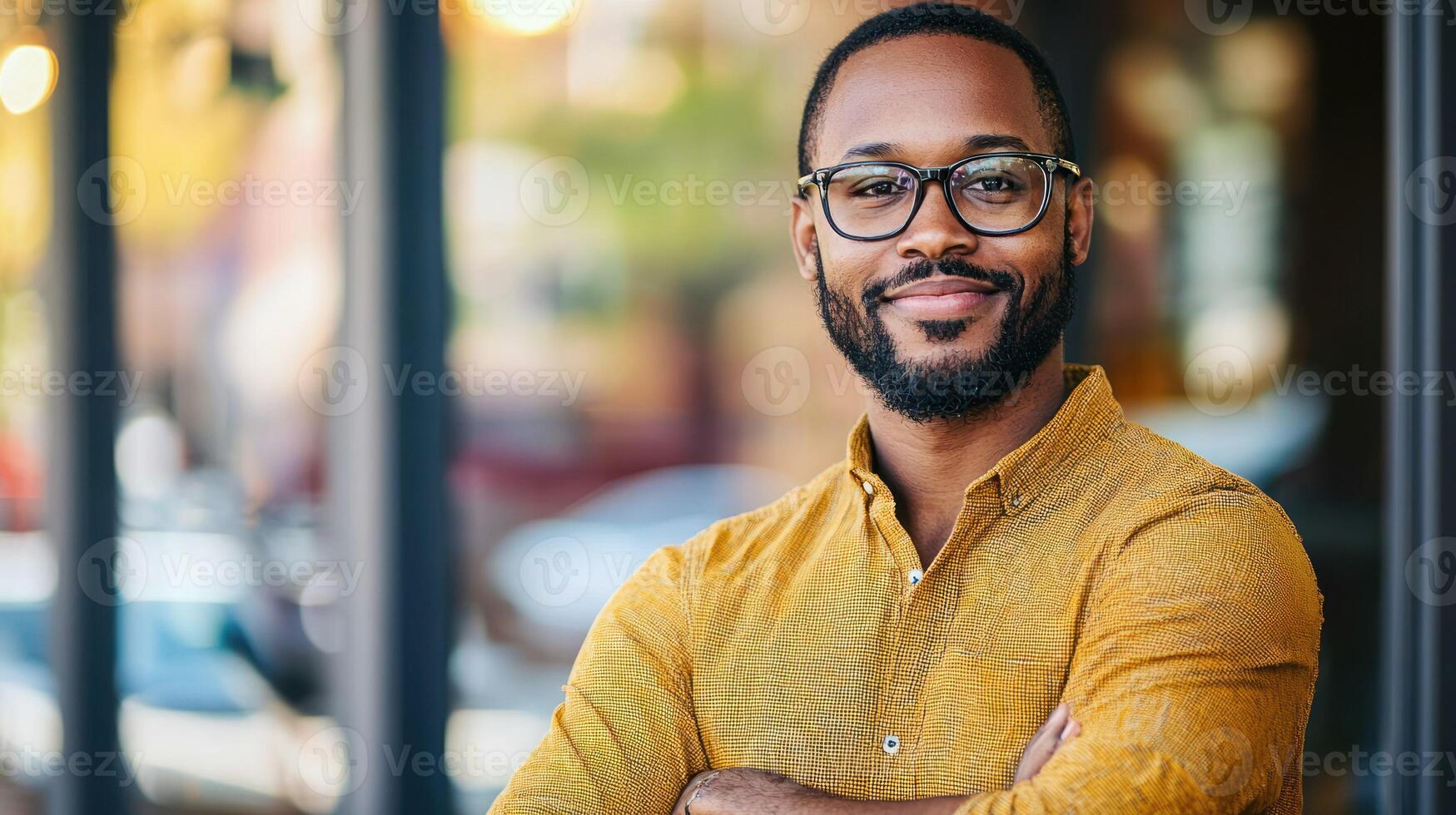 A man with glasses and a beard, wearing a yellow shirt, standing in front of a window with a blurred background. photo
