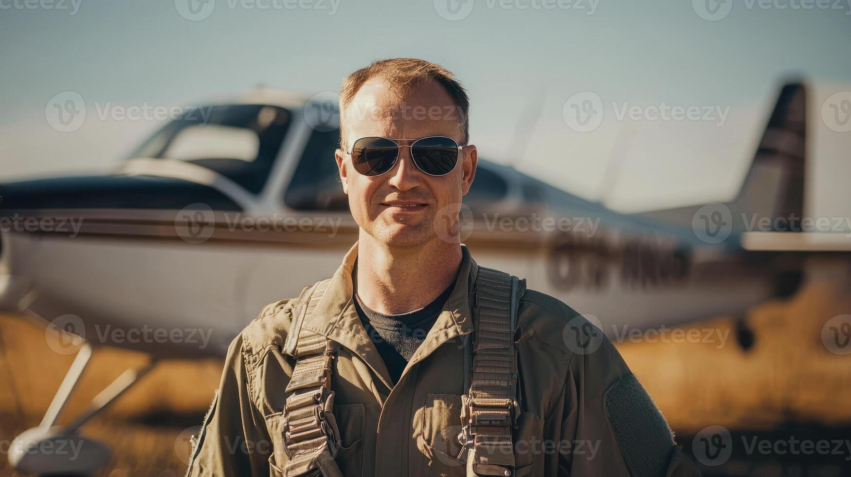 A man in a flight suit standing in front of an airplane on a sunny day. photo