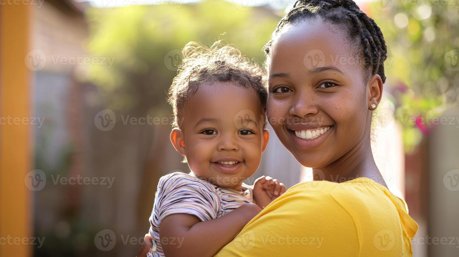 A young woman holding a baby in a backyard setting. photo
