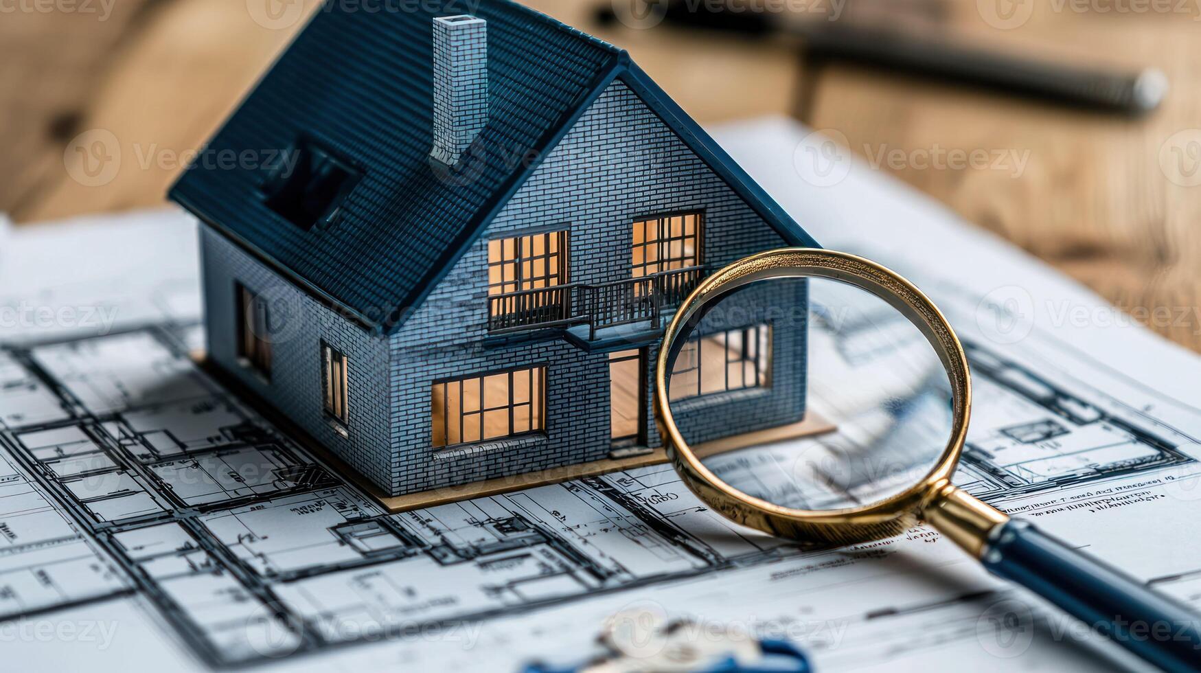 A miniature model of a house with a magnifying glass on top, placed on a blueprint with a key and pen in the background. photo