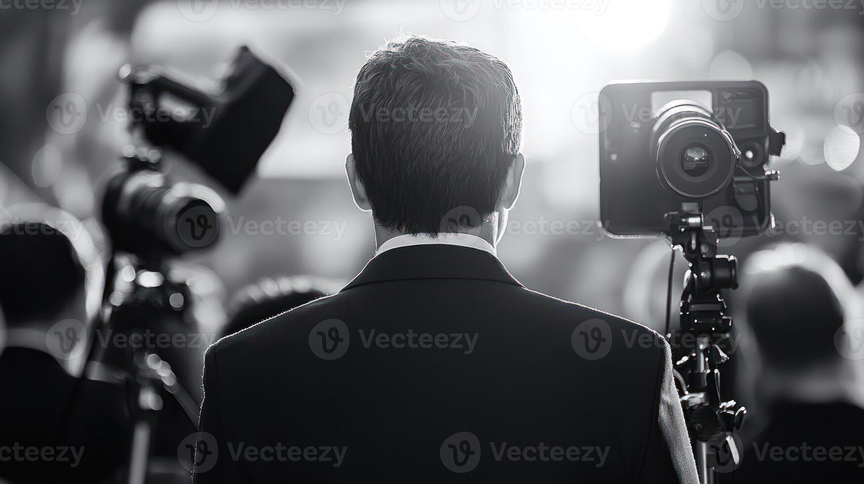 A man in a suit standing in front of a camera with a microphone, surrounded by a crowd of people. photo