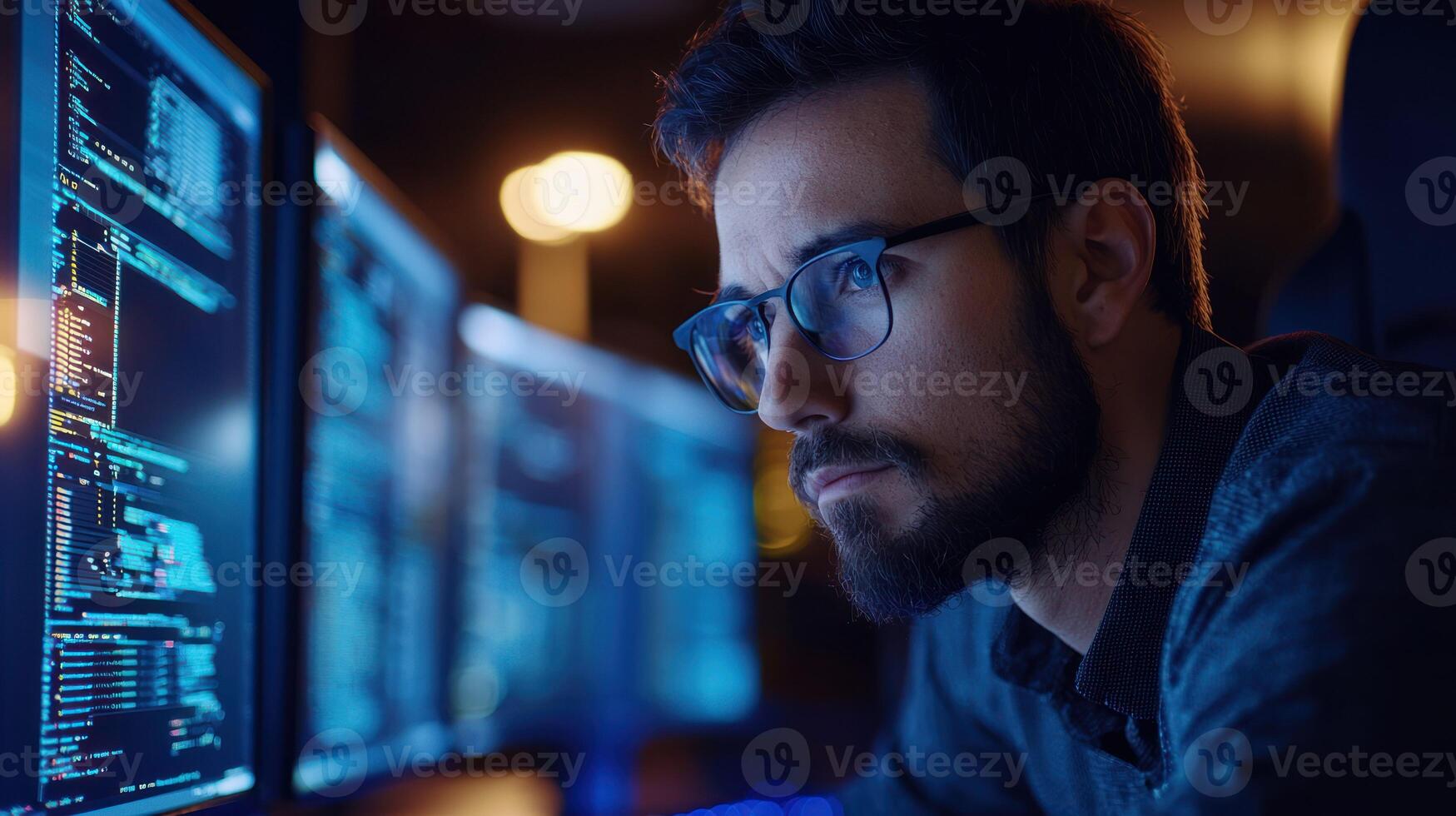 A man wearing glasses, sitting in front of a computer monitor, with multiple screens in the background. photo