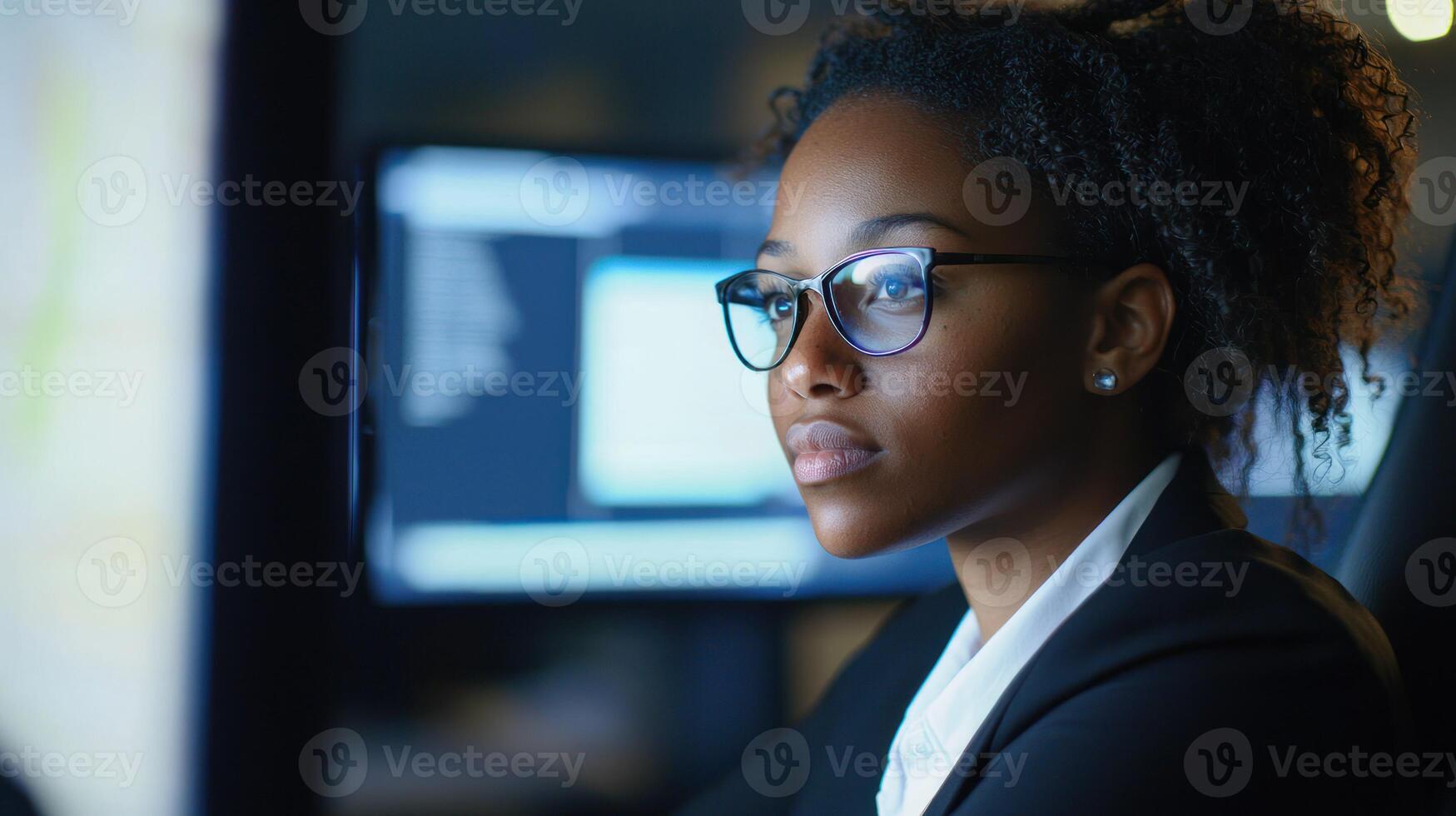 A young woman wearing glasses, seated at a desk with a computer monitor in front of her, working late into the night. photo