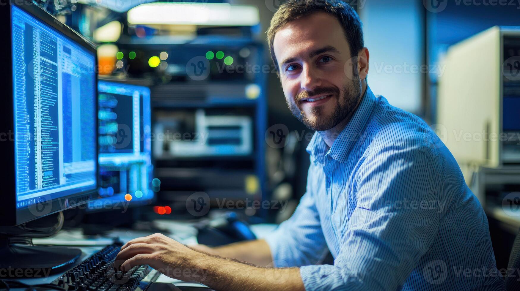 A man in a blue shirt, seated at a computer desk, with multiple computer monitors in the background. photo