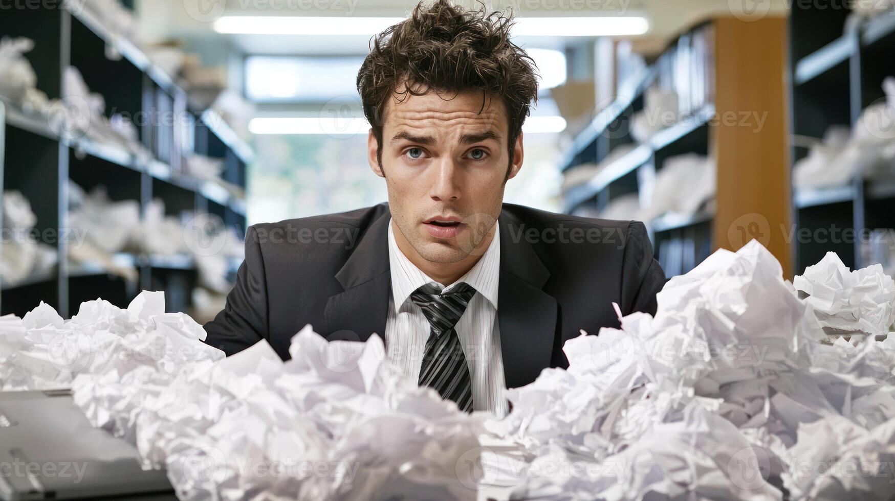 A man in a suit sitting in a library surrounded by crumpled papers. photo