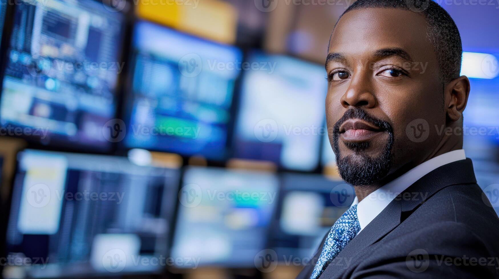 A man in a suit and tie, standing in front of a computer monitor with multiple screens in the background. photo
