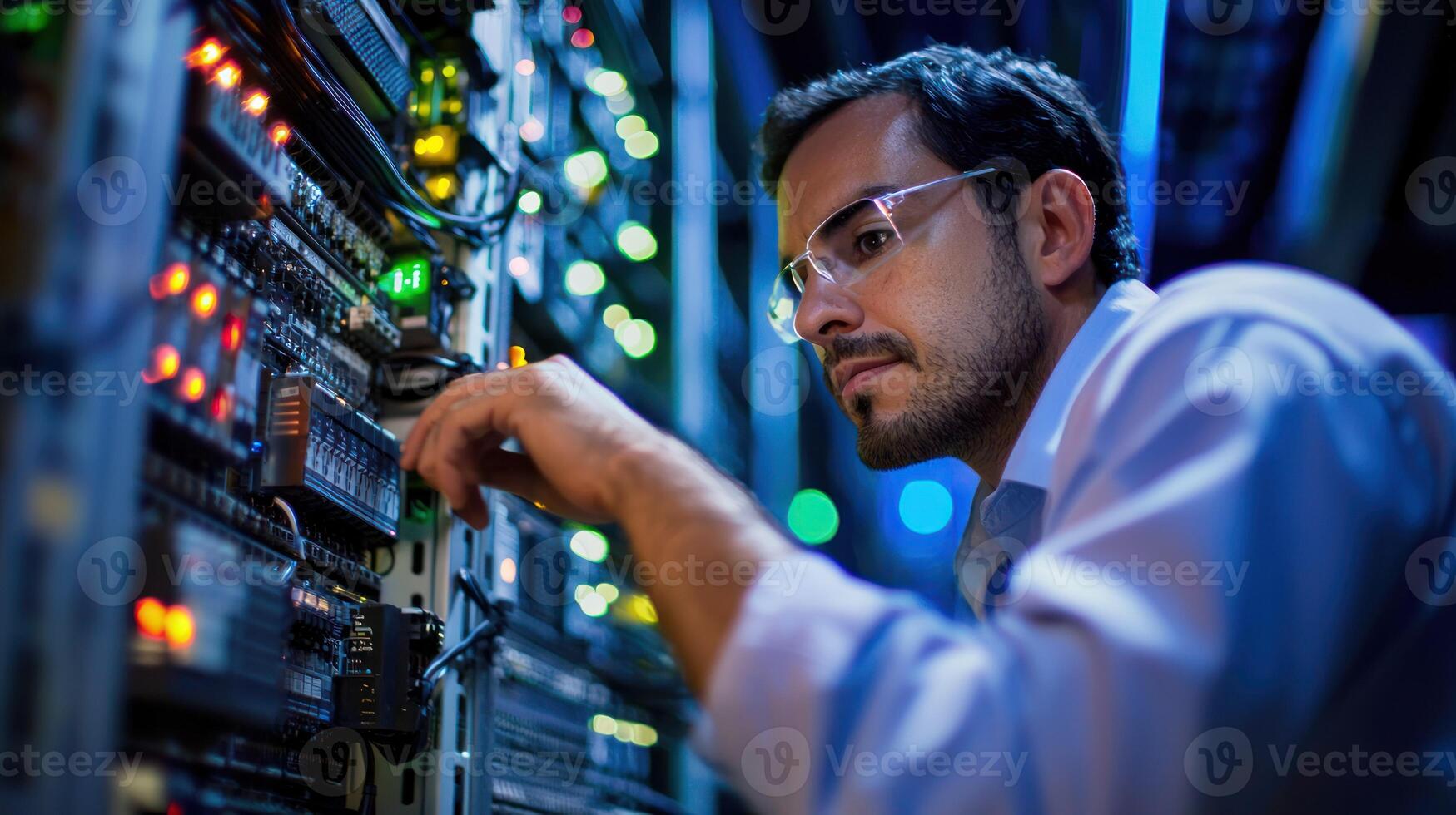 A man in a white shirt and glasses, wearing safety goggles, is working on a server in a dimly lit data center with blue and green lights. photo
