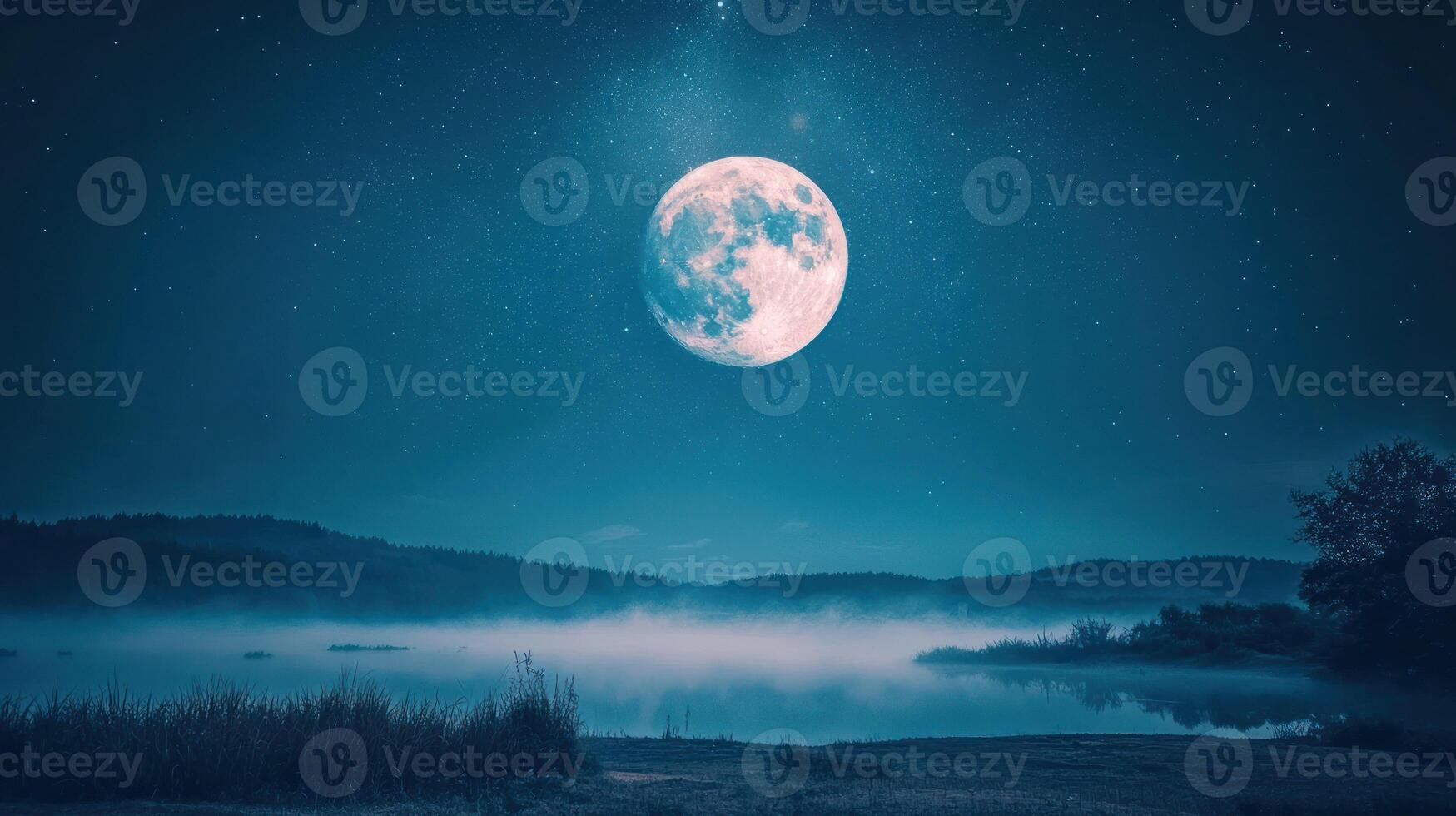 A serene, misty lake at night with a full moon shining above, surrounded by a dark blue sky with stars and a distant mountain range. photo