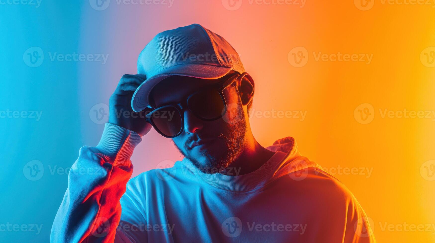 A man in a white cap and sunglasses, standing against a colorful neon background. photo