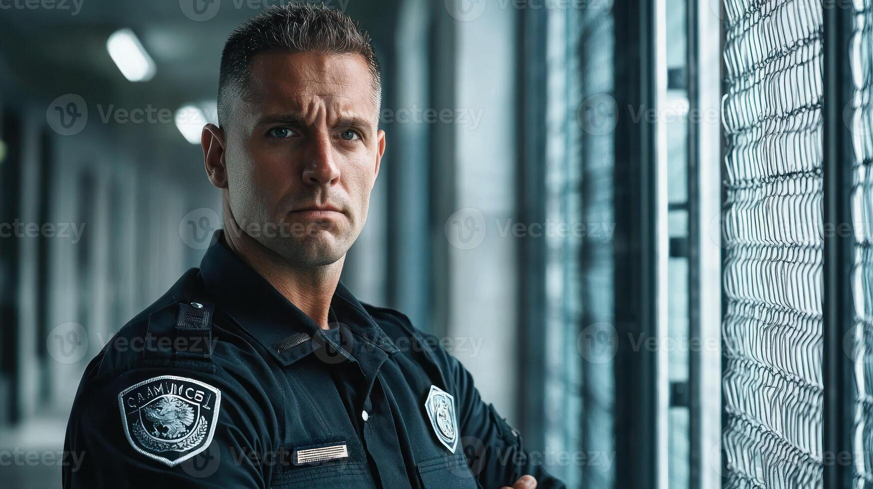 A police officer standing in a hallway with a serious expression, wearing a uniform and badge, with a metal gate in the background. photo
