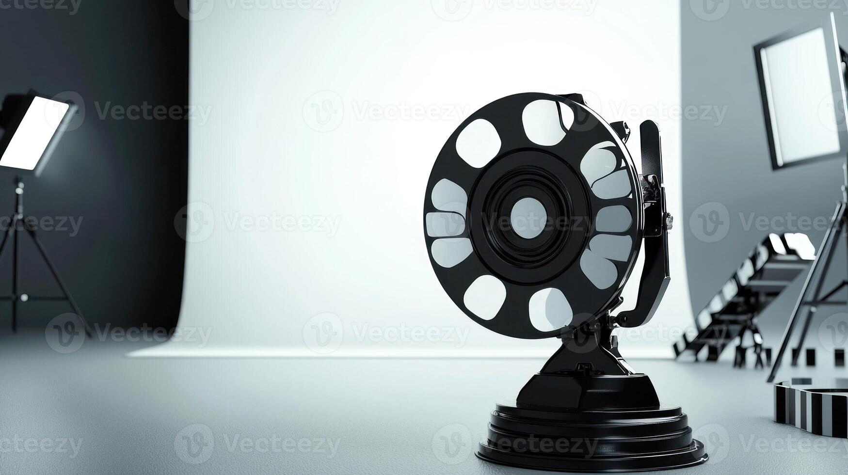 A black and white film reel on a stand in a studio with a white backdrop and a camera on a tripod in the foreground. photo