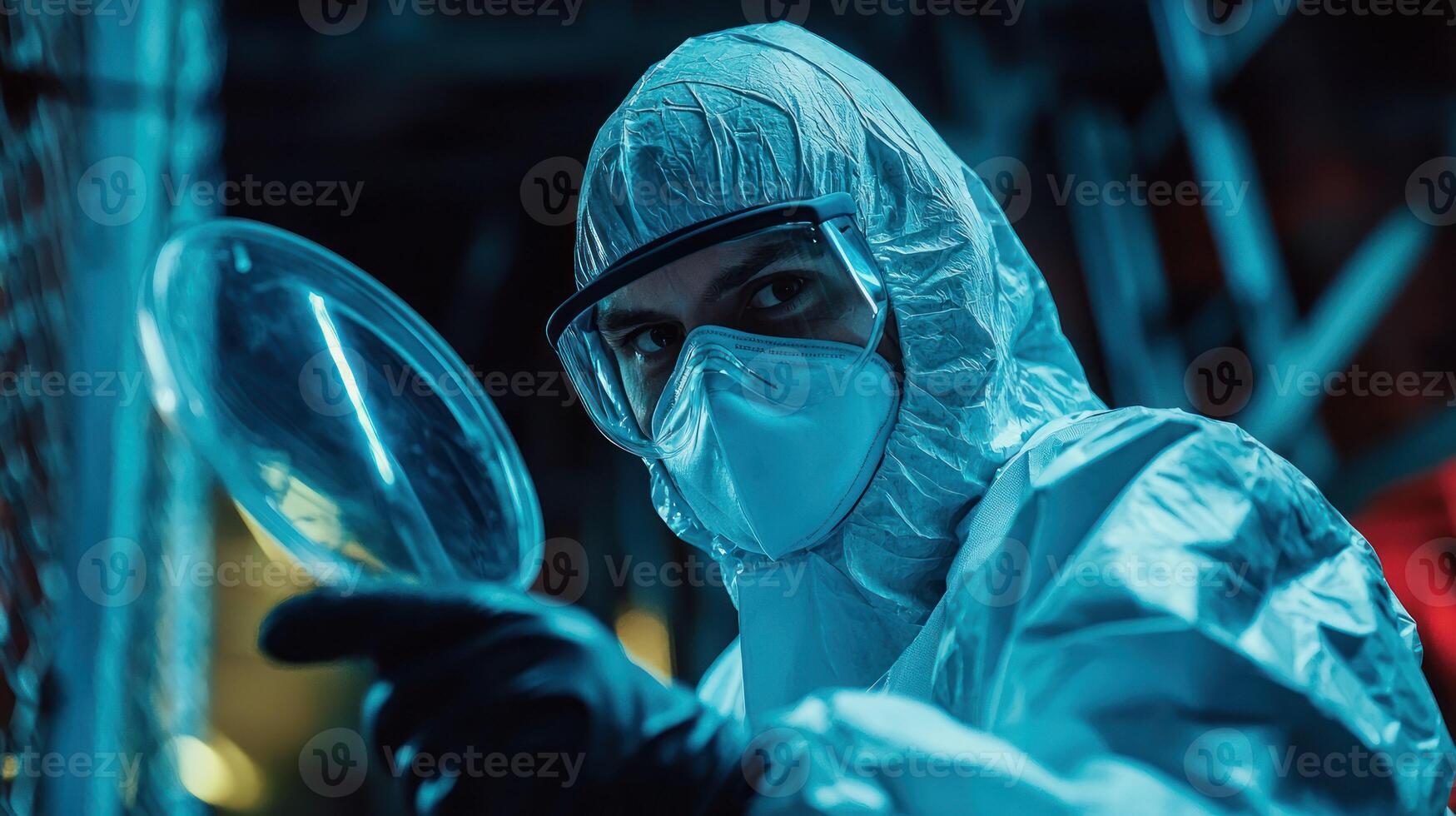 A person in a white protective suit and mask, holding a magnifying glass, examining a glass slide in a laboratory setting. photo