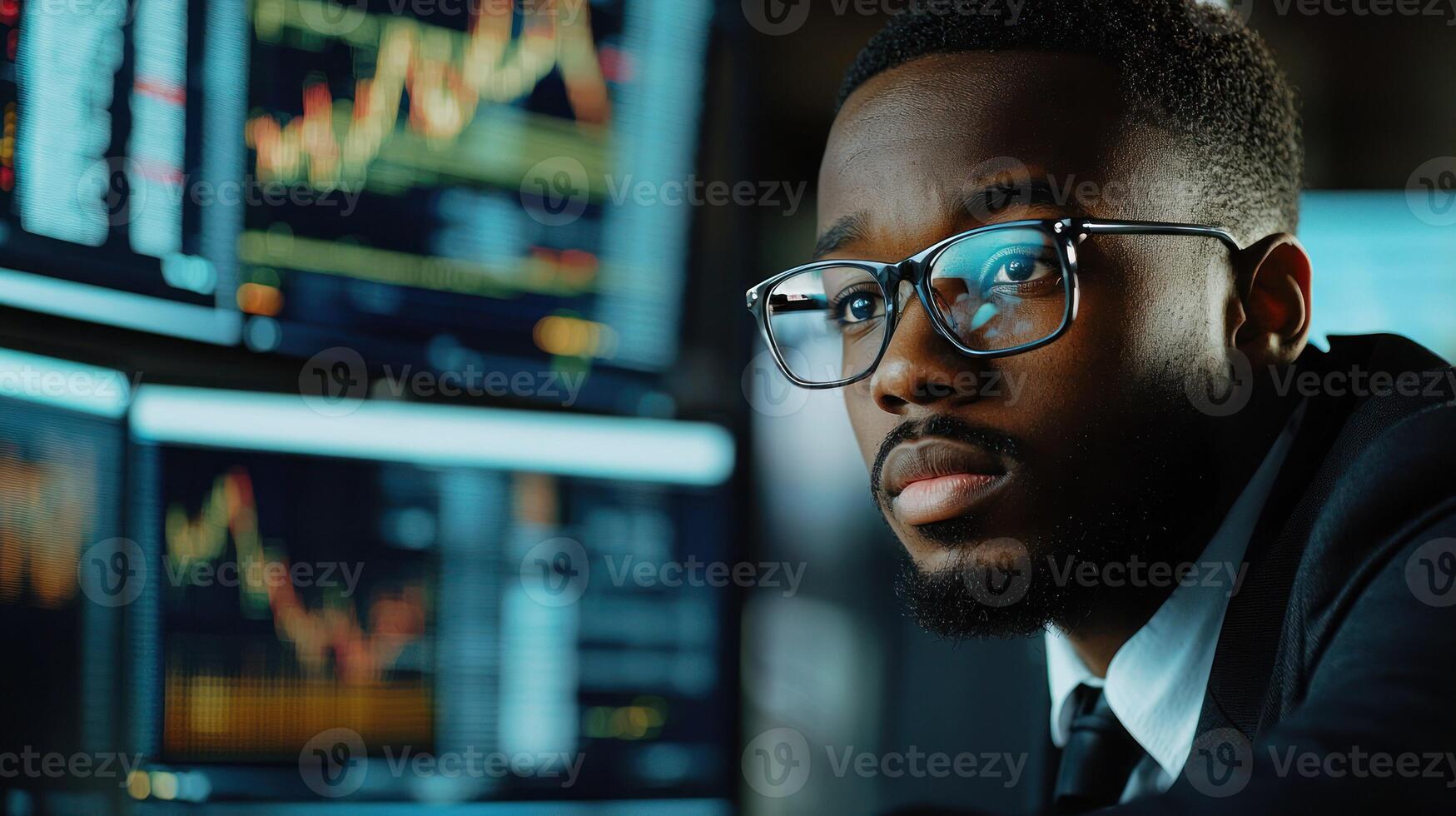 A focused businessman wearing glasses, seated at a desk with multiple computer monitors displaying financial data, looking intently at one of the screens. photo