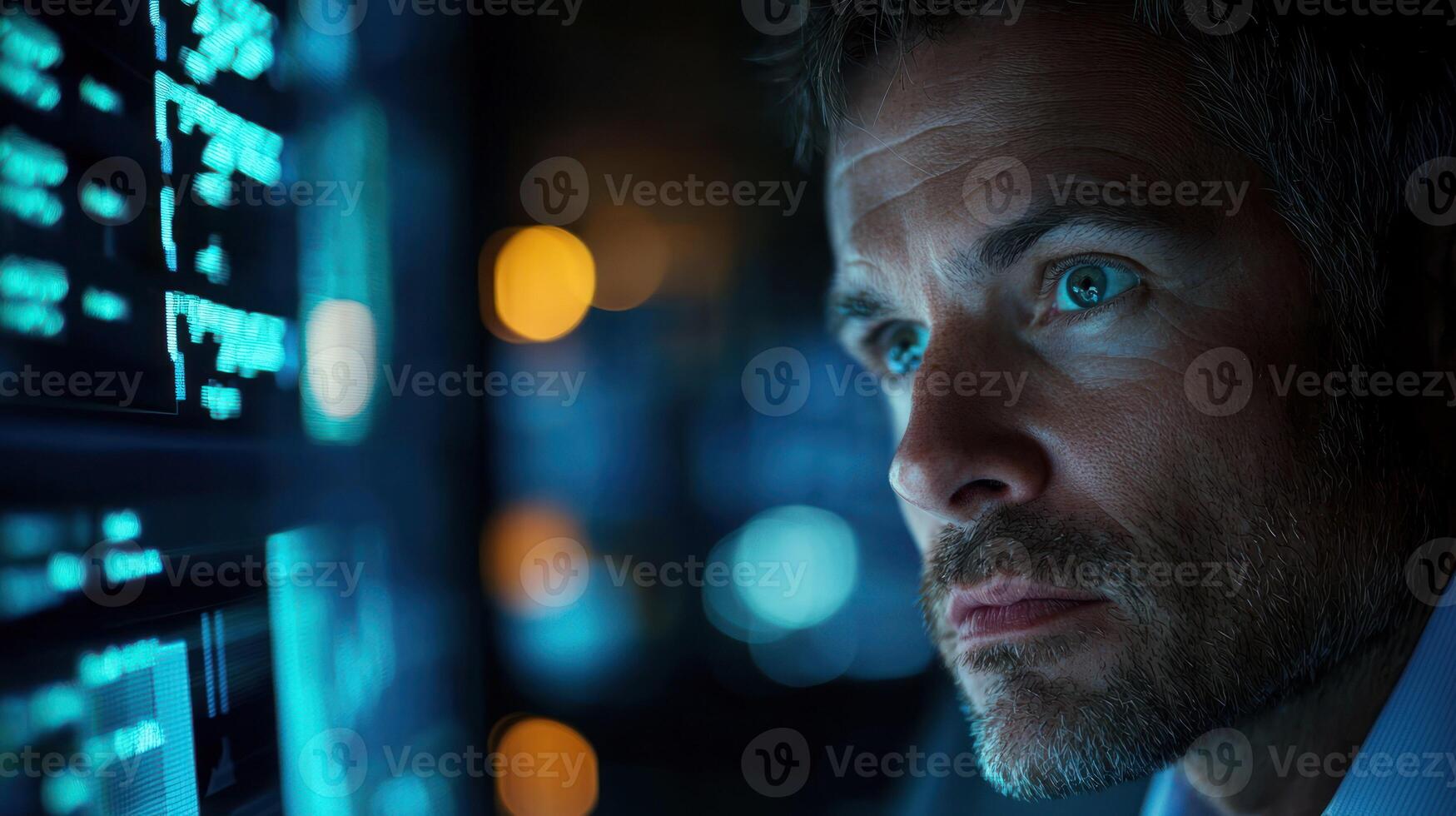 A man in a suit looking at a computer screen in a dark room with a blue and orange light. photo