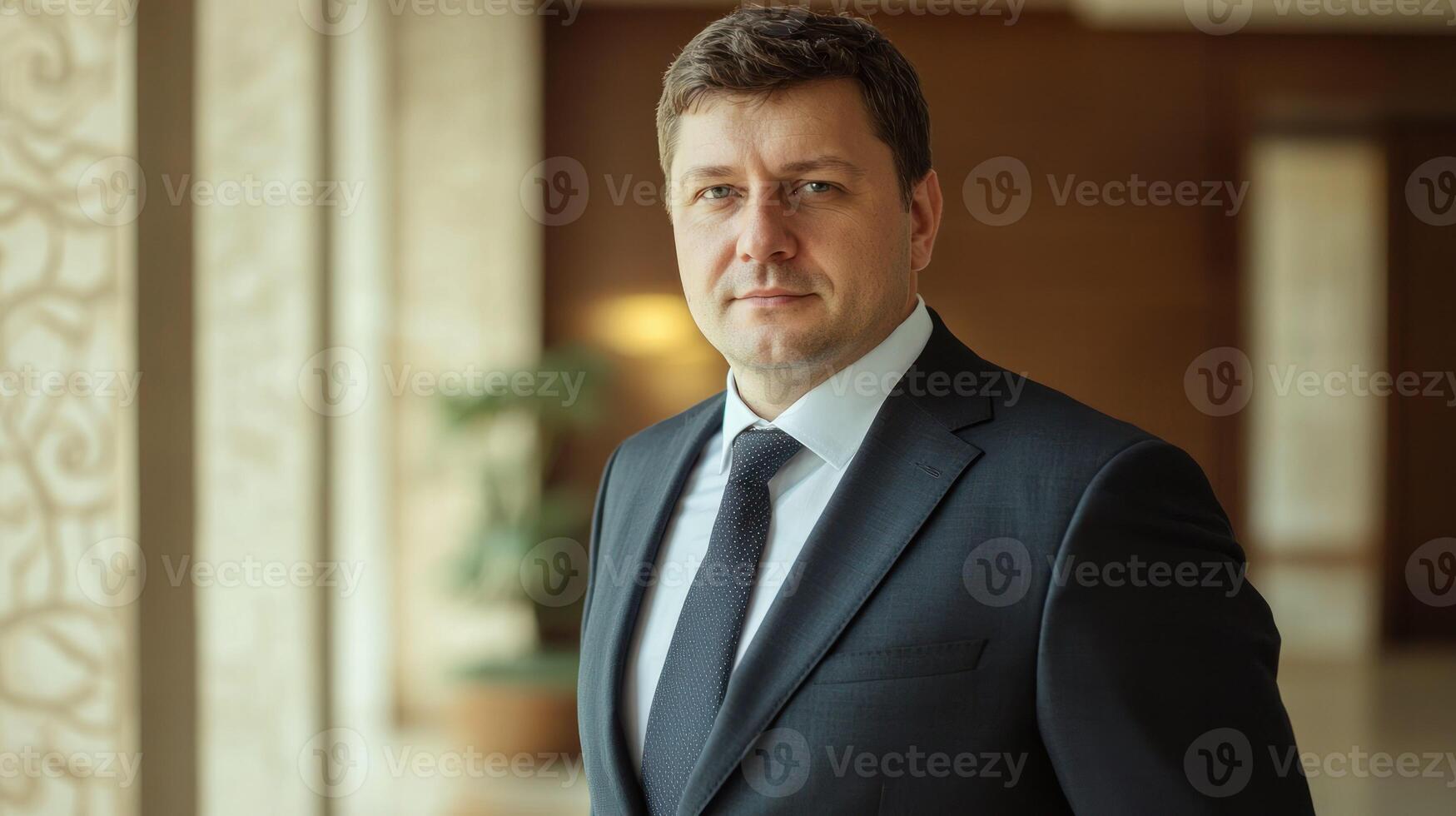 A man in a suit standing in a lobby with a green plant in the background. photo
