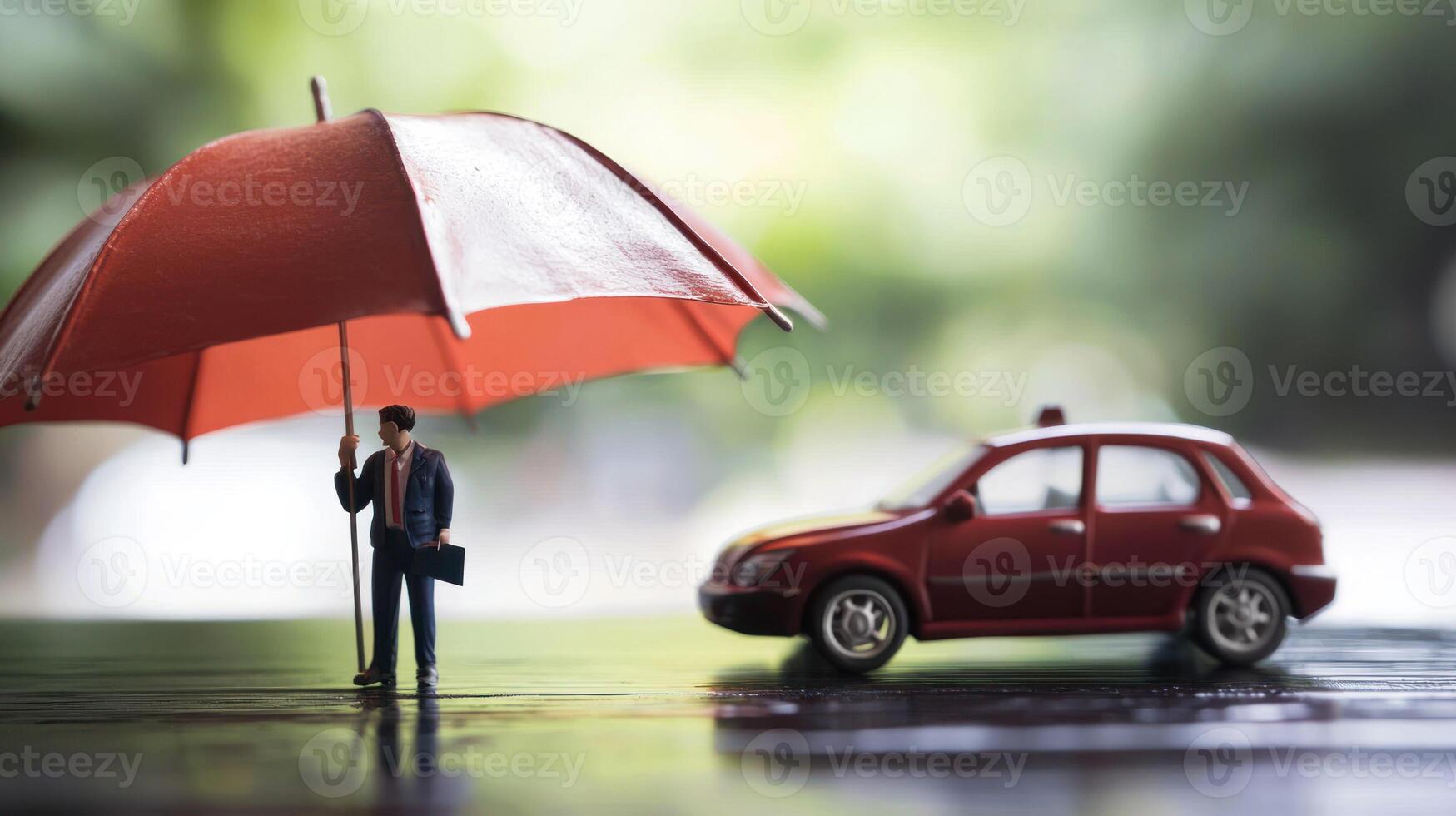 A miniature man standing next to a miniature car, both under a red umbrella, with a blurred green background. photo