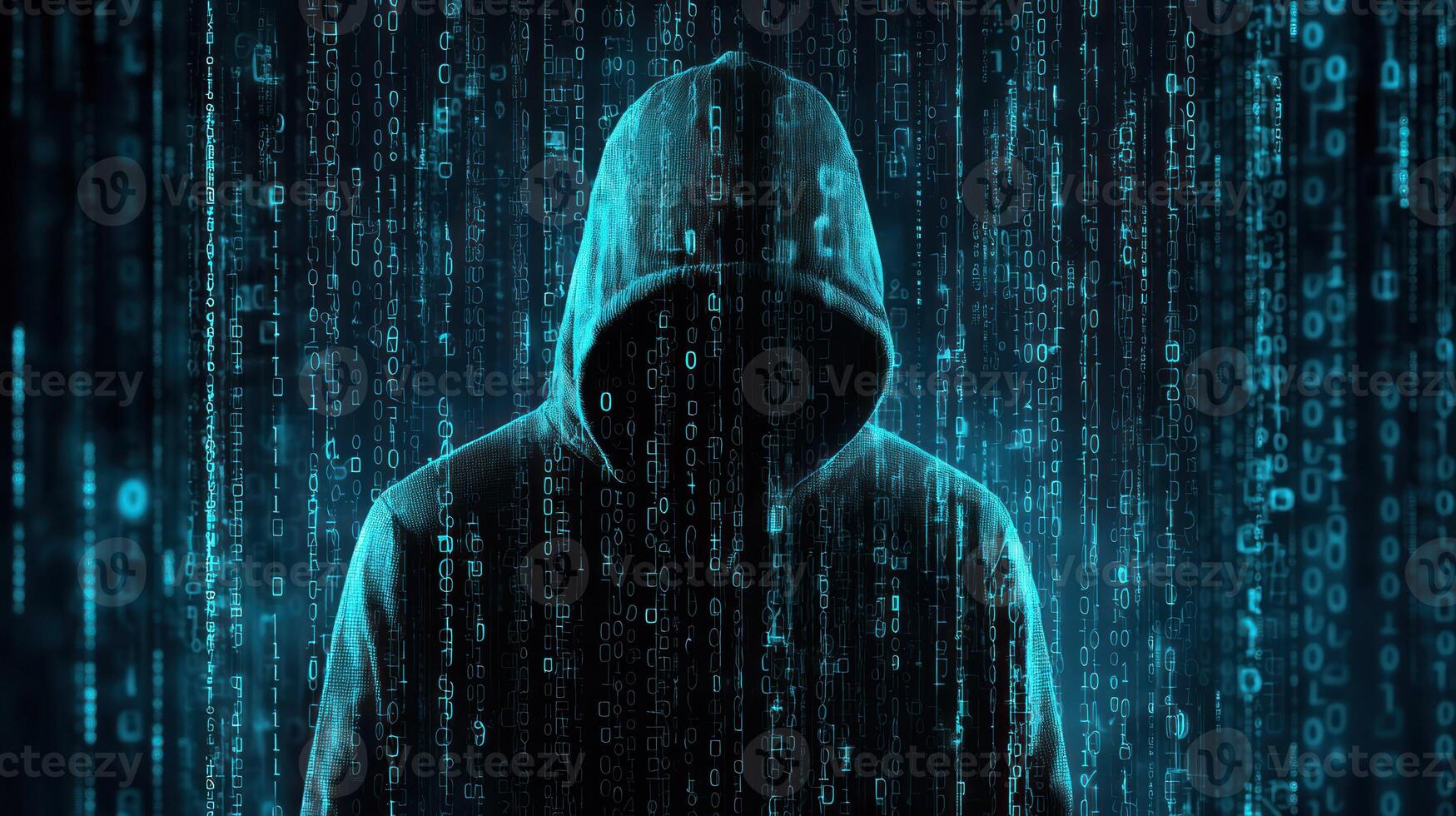 A hooded figure standing in front of a digital matrix background photo