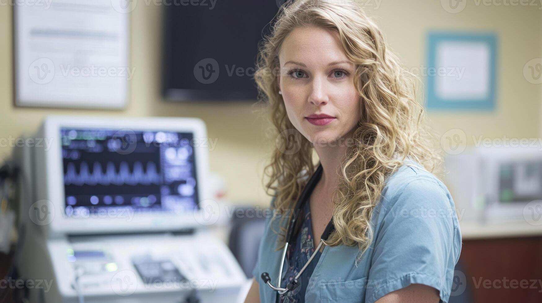 A female healthcare professional in a hospital setting, wearing a blue uniform and stethoscope, standing in front of medical equipment. photo