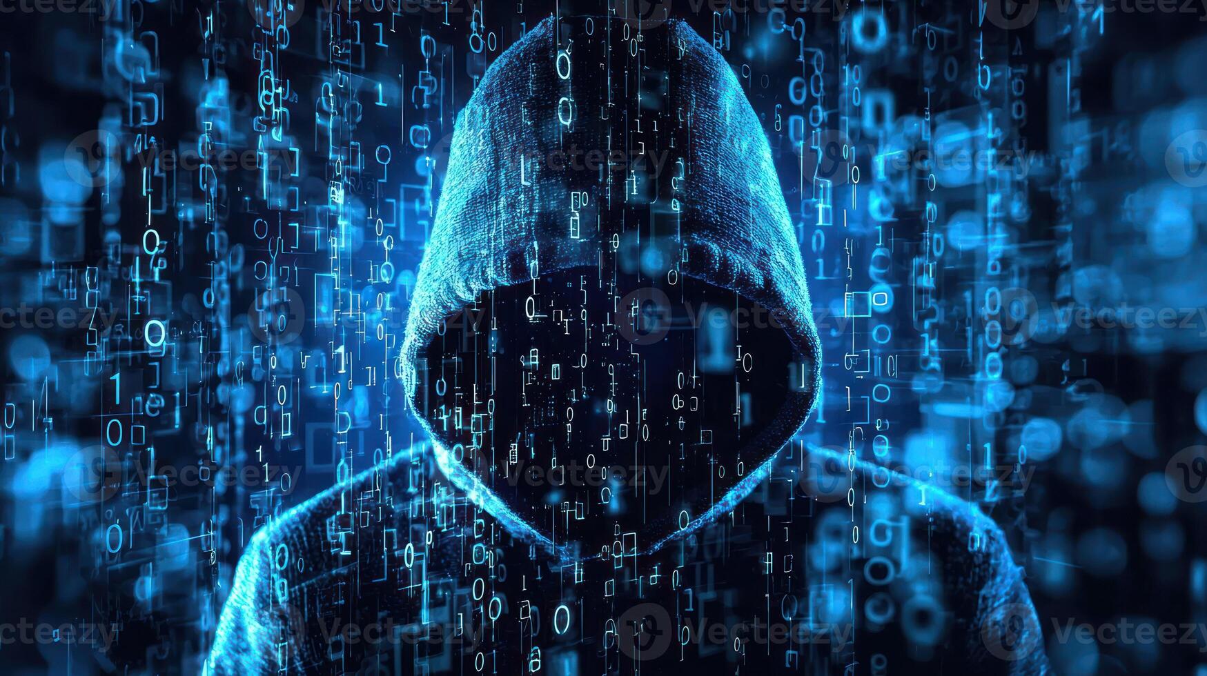 A mysterious figure in a dark hoodie, standing in front of a digital binary code background. photo