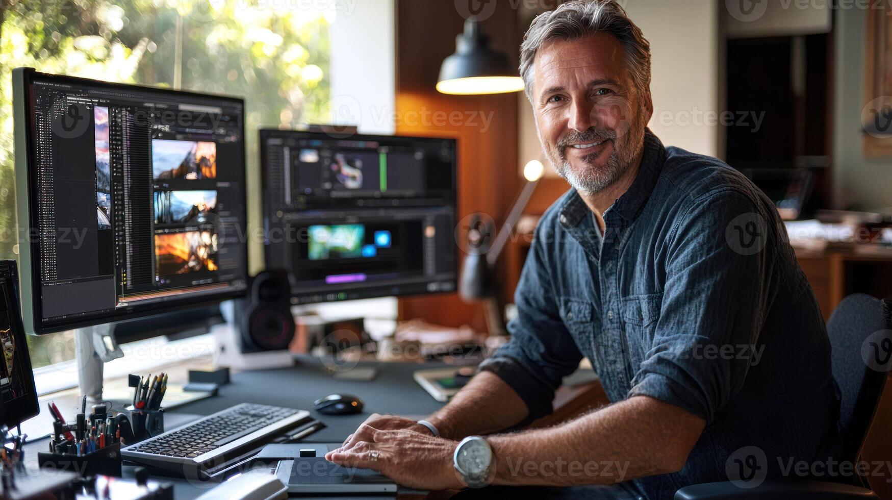 A man in a blue shirt sitting at a desk with a computer, smiling and looking at the camera. photo