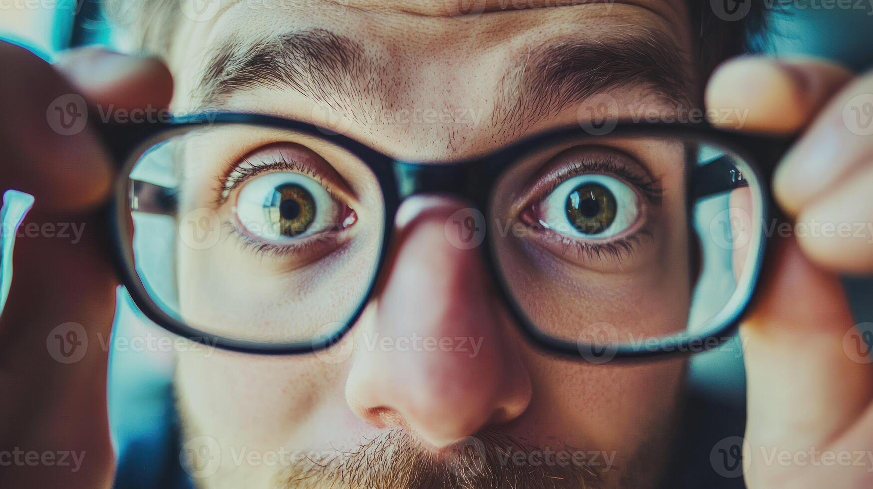 A man with glasses looking through them, holding them in front of his face with both hands. photo