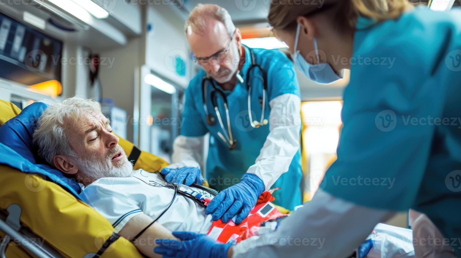 Two medical professionals in an ambulance, one wearing a white coat and the other a blue one, attending to a patient who is lying on a stretcher. photo