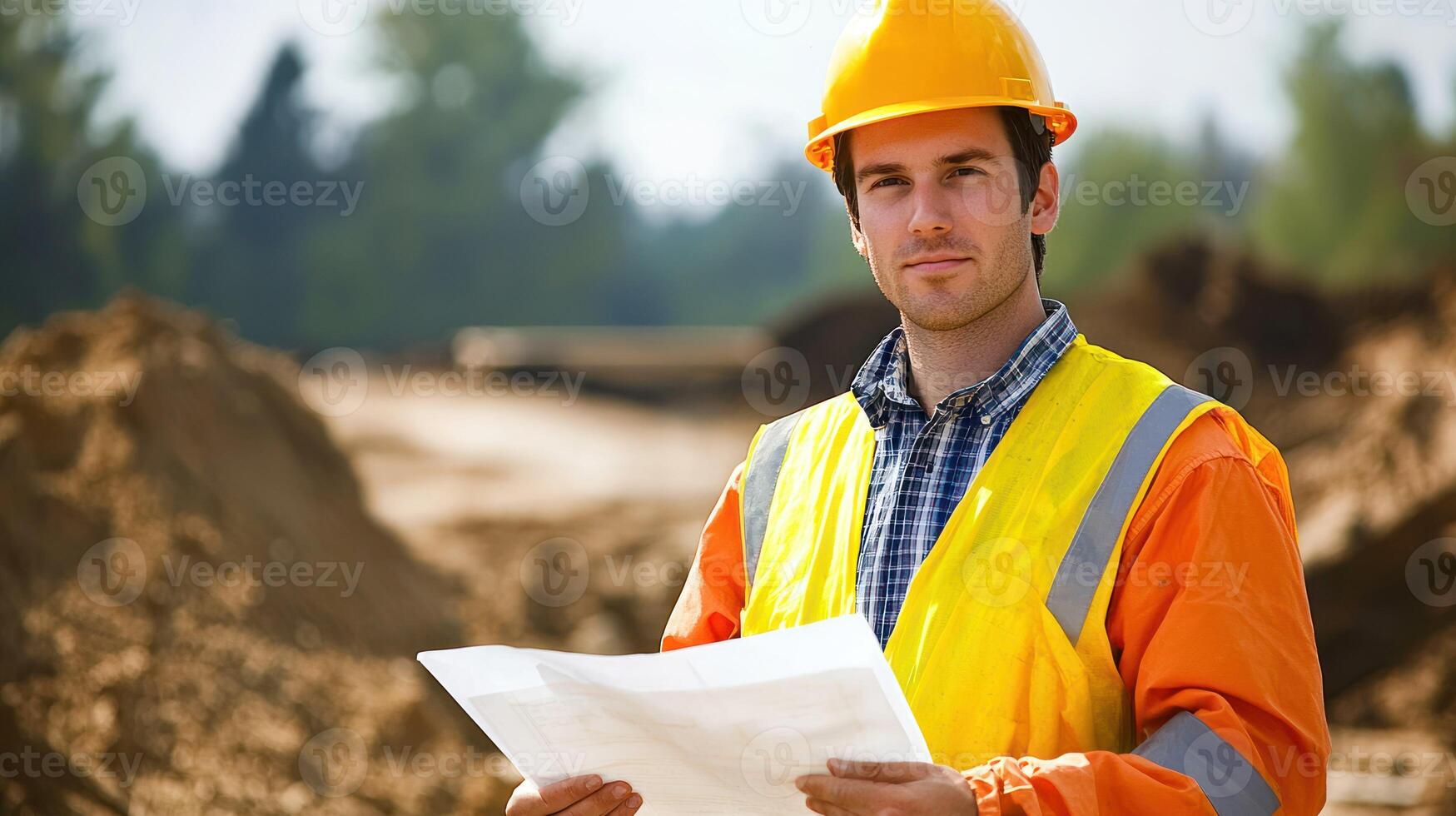 A construction worker wearing a yellow hard hat and orange safety vest, holding a blueprint and standing in a construction site with a pile of dirt and machinery in the background. photo