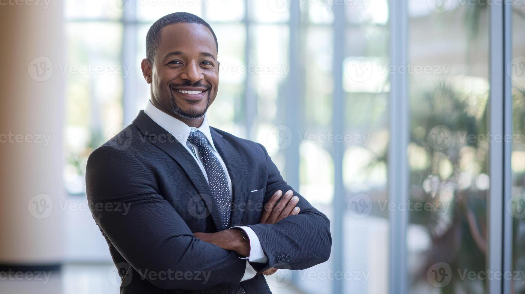 A smiling African American businessman standing in a modern office with his arms crossed, wearing a black suit and tie, in front of a large window with a green plant in the background. photo