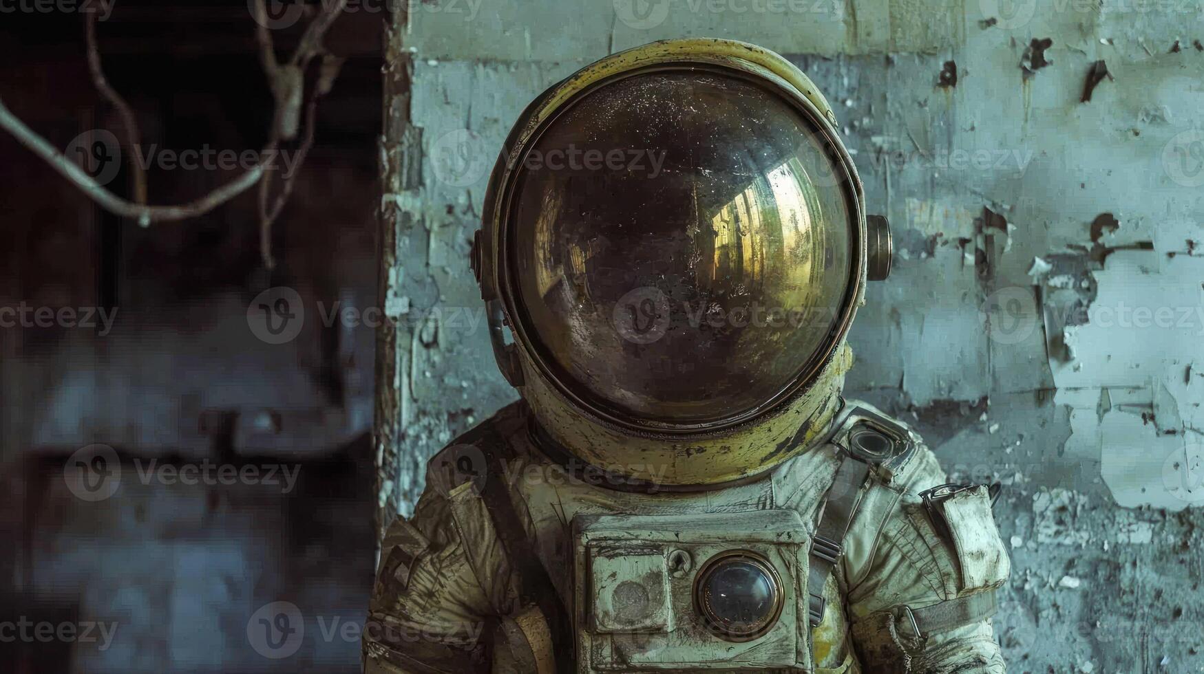 A lone astronaut stands in a dilapidated, abandoned building, wearing a dirty, yellow space suit with a large, round visor, surrounded by a weathered, peeling wall and a concrete floor. photo