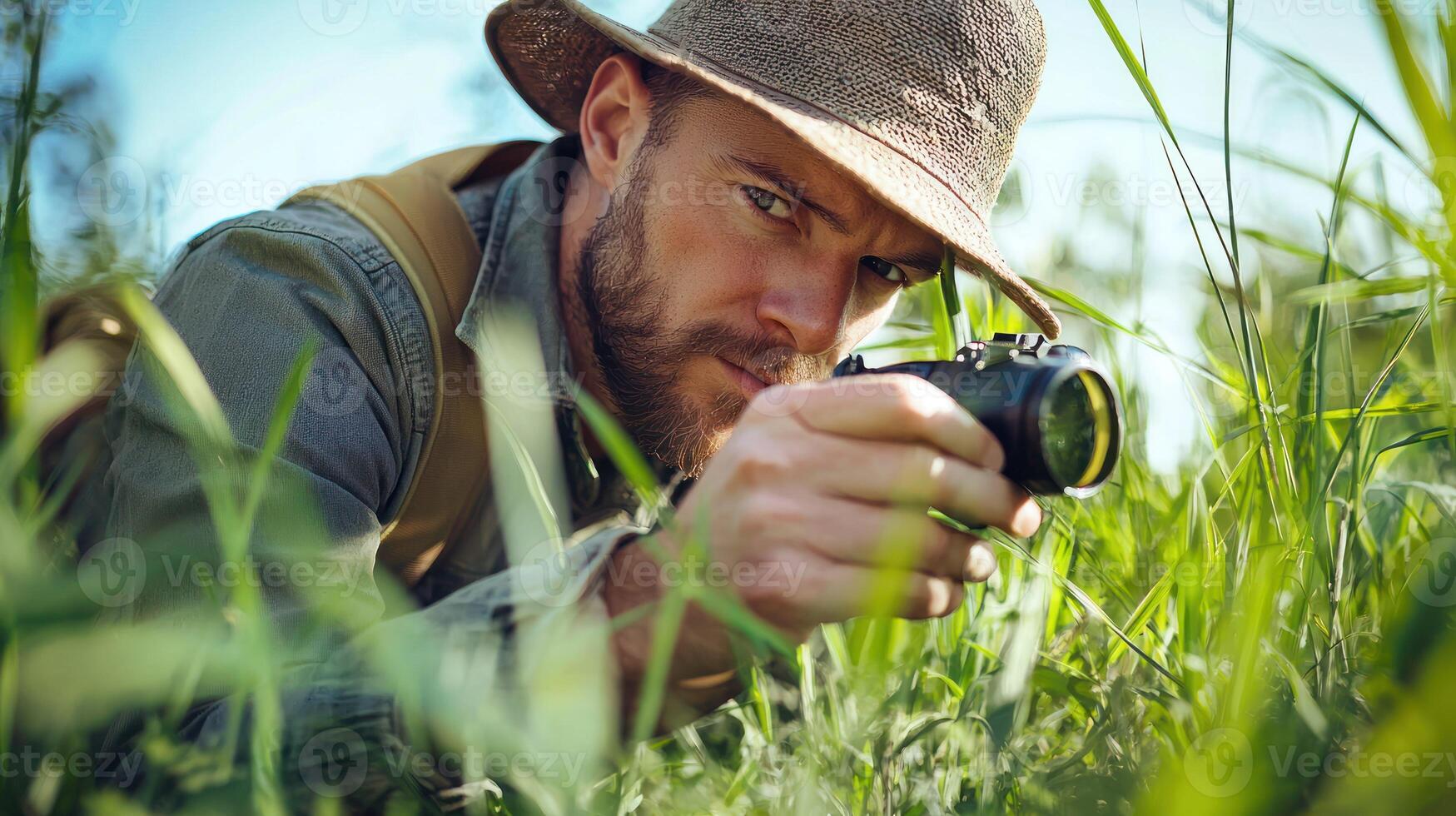 A man in a hat and vest, holding a camera, looking through the viewfinder in a grassy field. photo